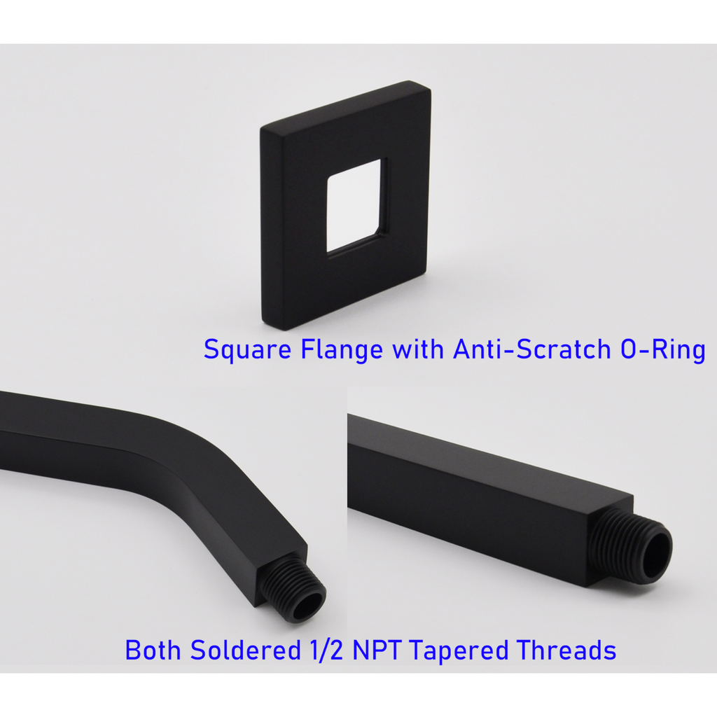Aquaiaw Square Shower Arm and Anti-Scratch O-Ring Flange, 6 inch, Solid Brass, Both Soldered 1/2 NPT Tapered Threads, Wall Mount, Matte Black