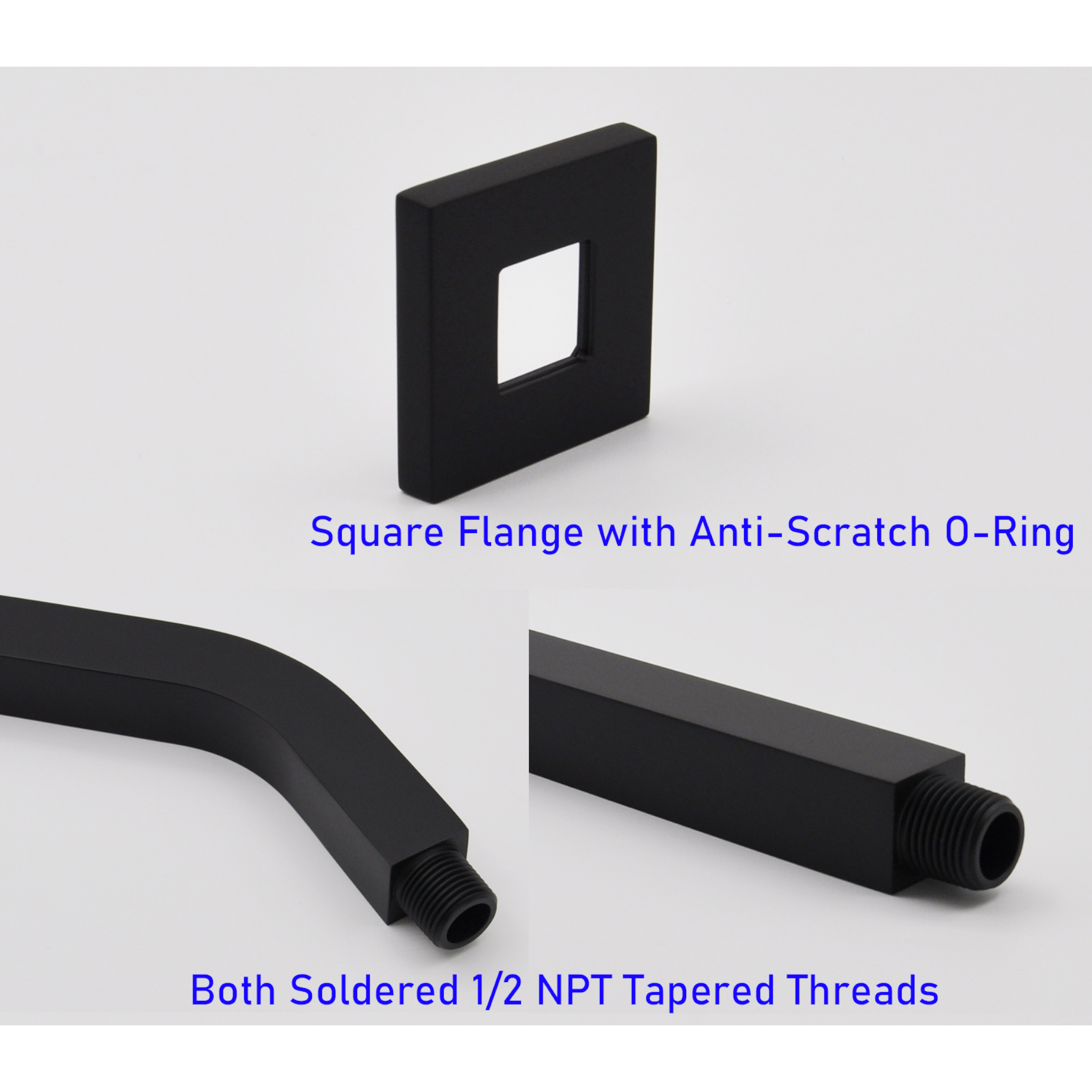 Aquaiaw Square Shower Arm and Anti-Scratch O-Ring Flange, 6 inch, Solid Brass, Both Soldered 1/2 NPT Tapered Threads, Wall Mount, Matte Black