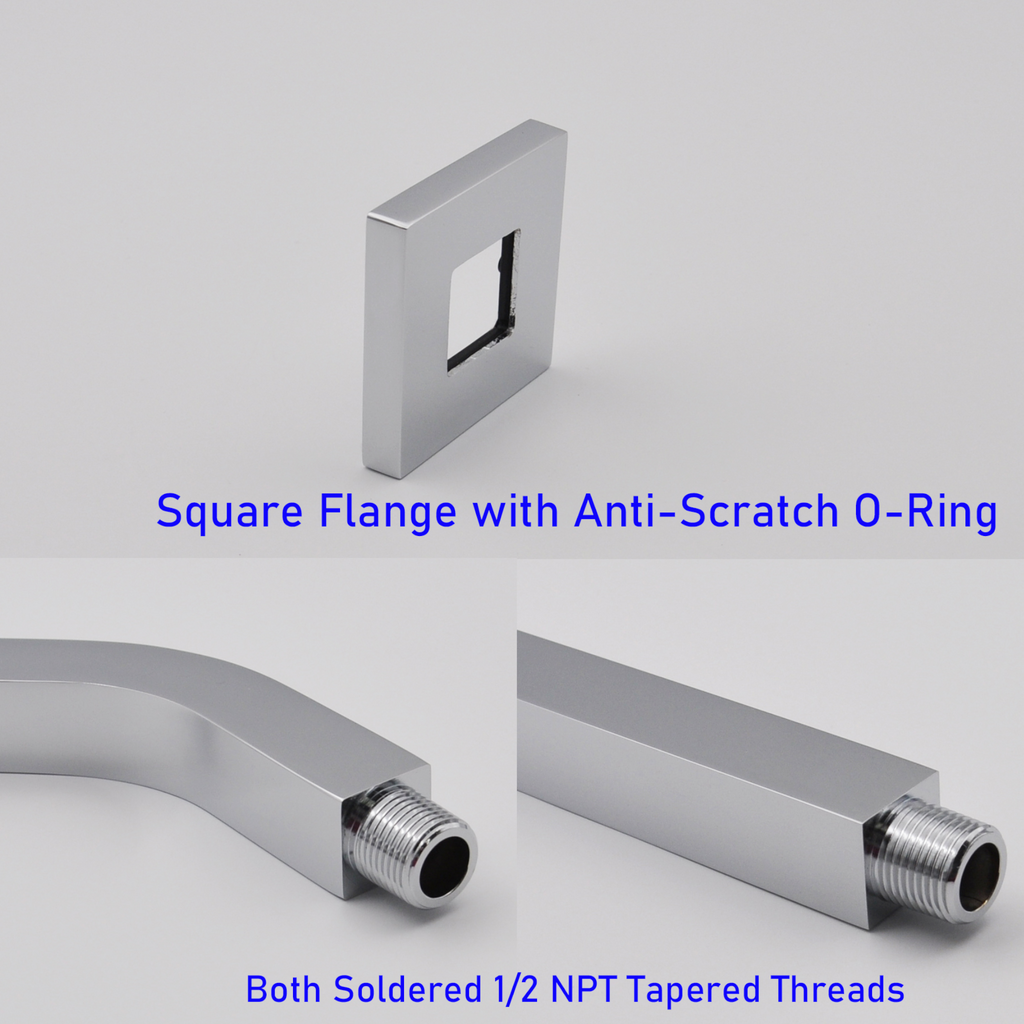 Aquaiaw Square Shower Arm and Anti-Scratch O-Ring Flange, 6 inch, Solid Brass, Both Soldered 1/2 NPT Tapered Threads, Wall Mount, Polished Chrome