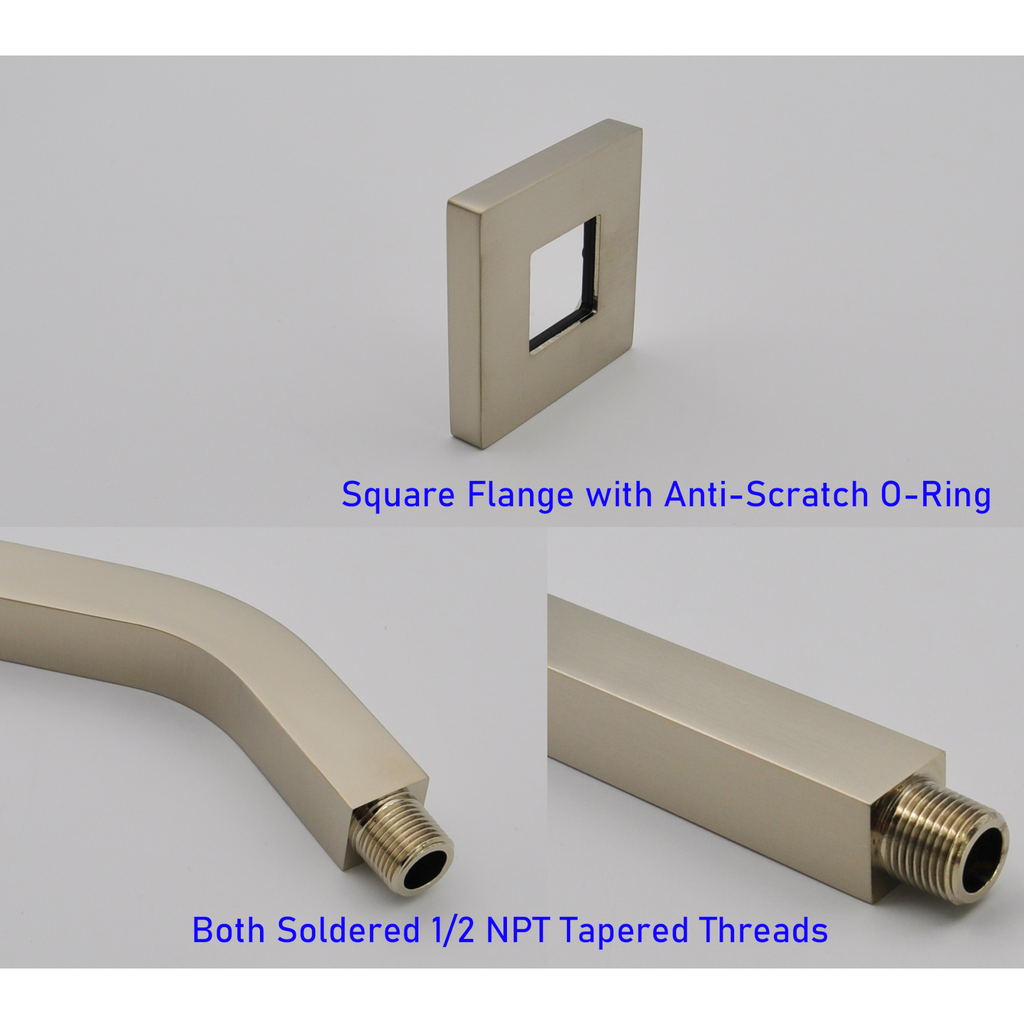 Aquaiaw Square Shower Arm and Anti-Scratch O-Ring Flange, 8 inch, Solid Brass, Both Soldered 1/2 NPT Tapered Threads, Wall Mount, PVD Brushed Nickel