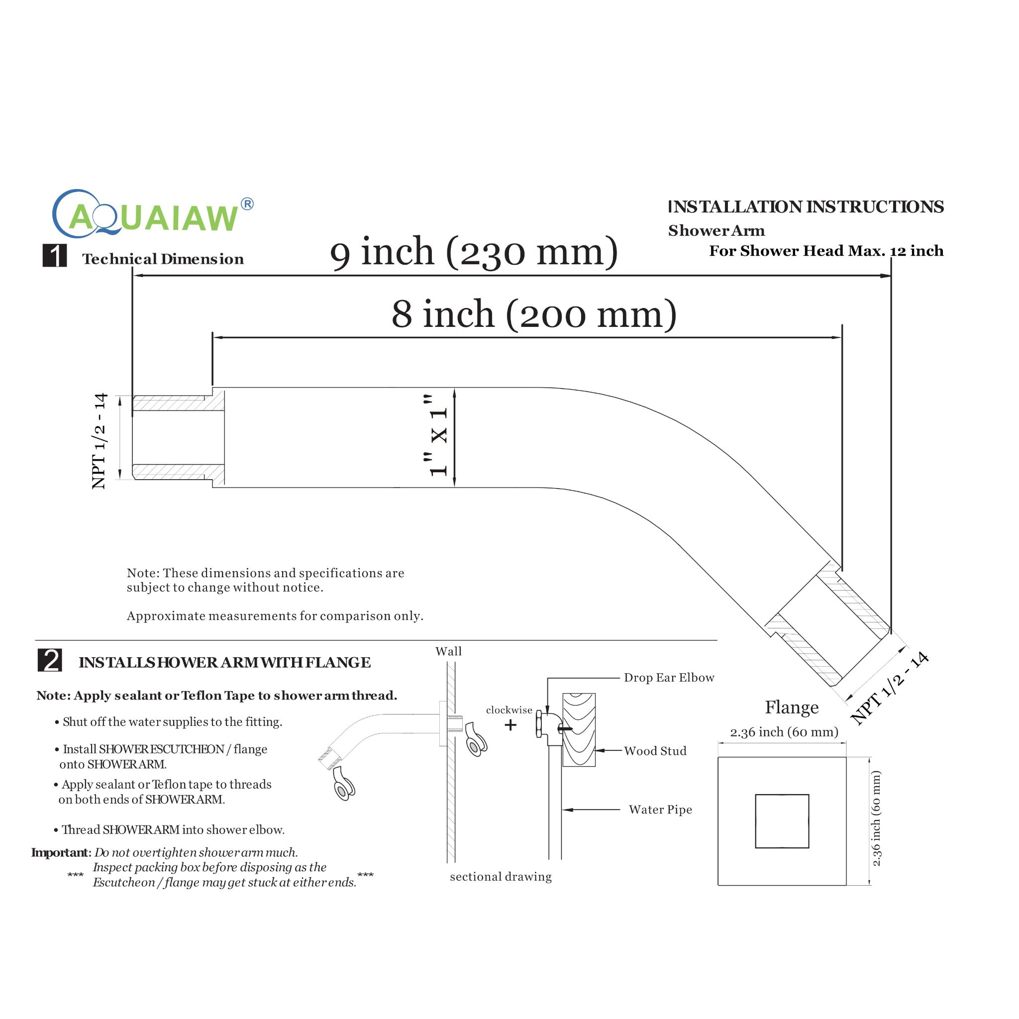 Aquaiaw Square Shower Arm and Anti-Scratch O-Ring Flange, 8 inch, Solid Brass, Both Soldered 1/2 NPT Tapered Threads, Wall Mount, PVD Brushed Nickel
