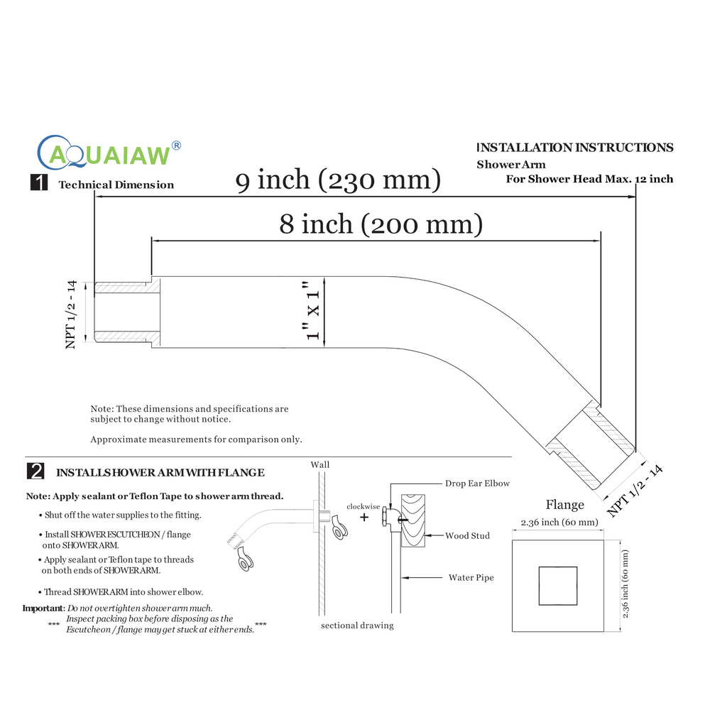 Aquaiaw Square Shower Arm and Anti-Scratch O-Ring Flange, 8 inch, Solid Brass, Both Soldered 1/2 NPT Tapered Threads, Wall Mount, Polished Chrome