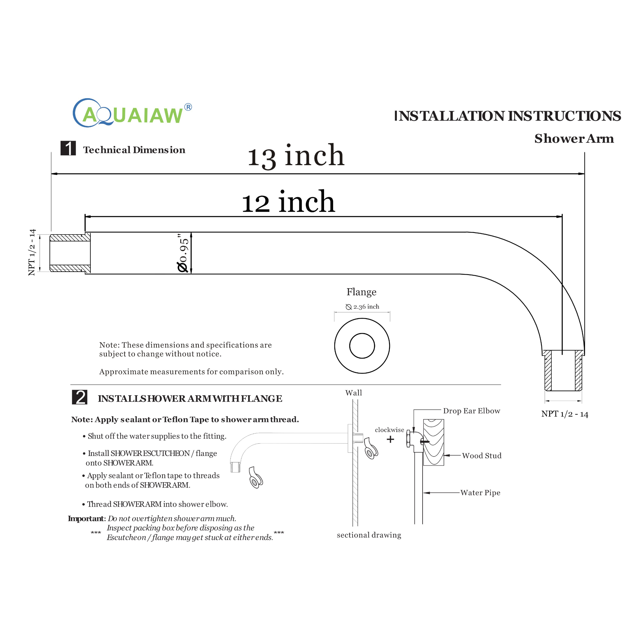 Aquaiaw Shower Arm and O-Ring Flange, 12 inch, Solid Brass, Round, Both Soldered 1/2 NPT Tapered Threads, Wall Mount, Polished Chrome