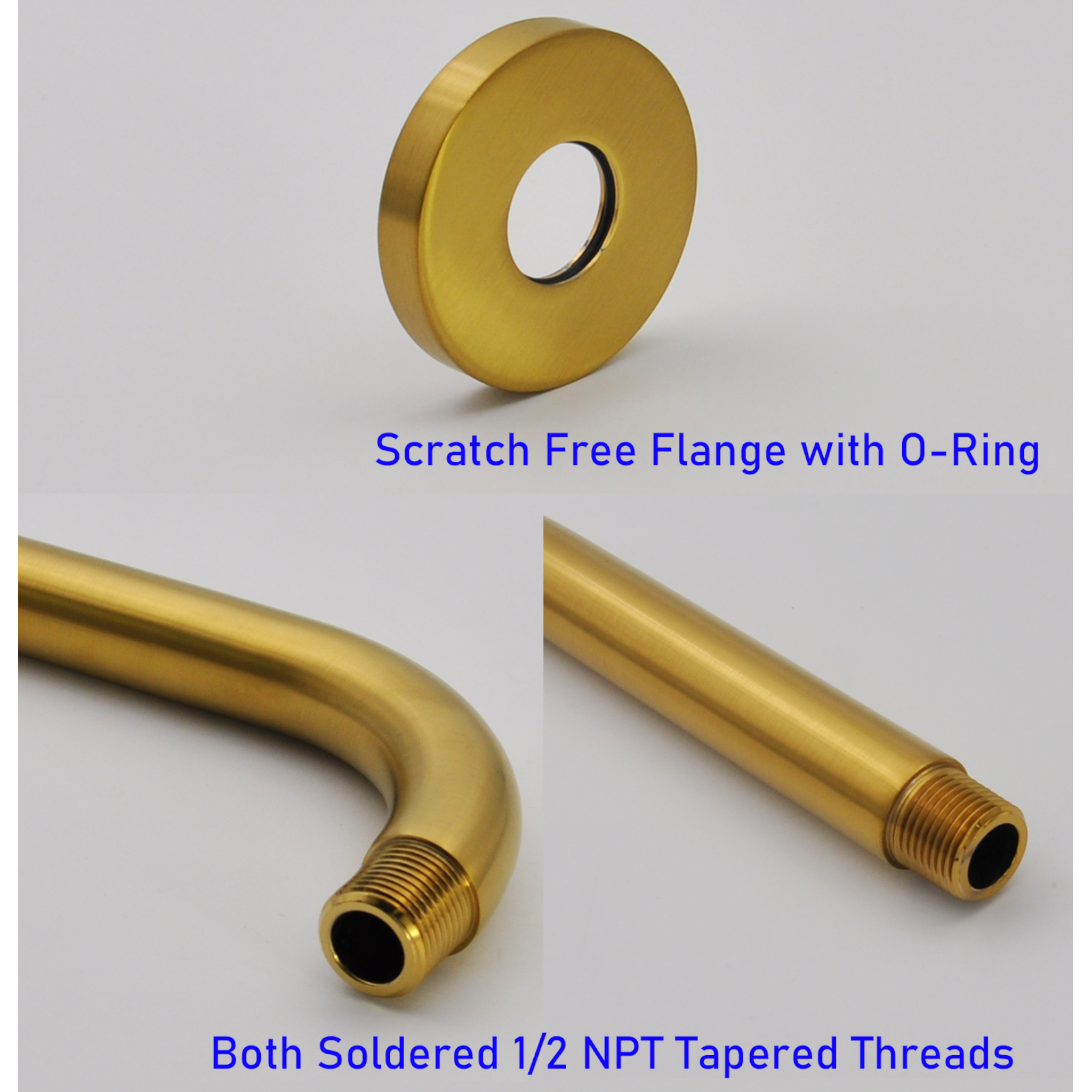 Aquaiaw Shower Arm and O-Ring Flange, 12 inch, Solid Brass, Round, Both Soldered 1/2 NPT Tapered Threads, Wall Mount, Brushed Gold