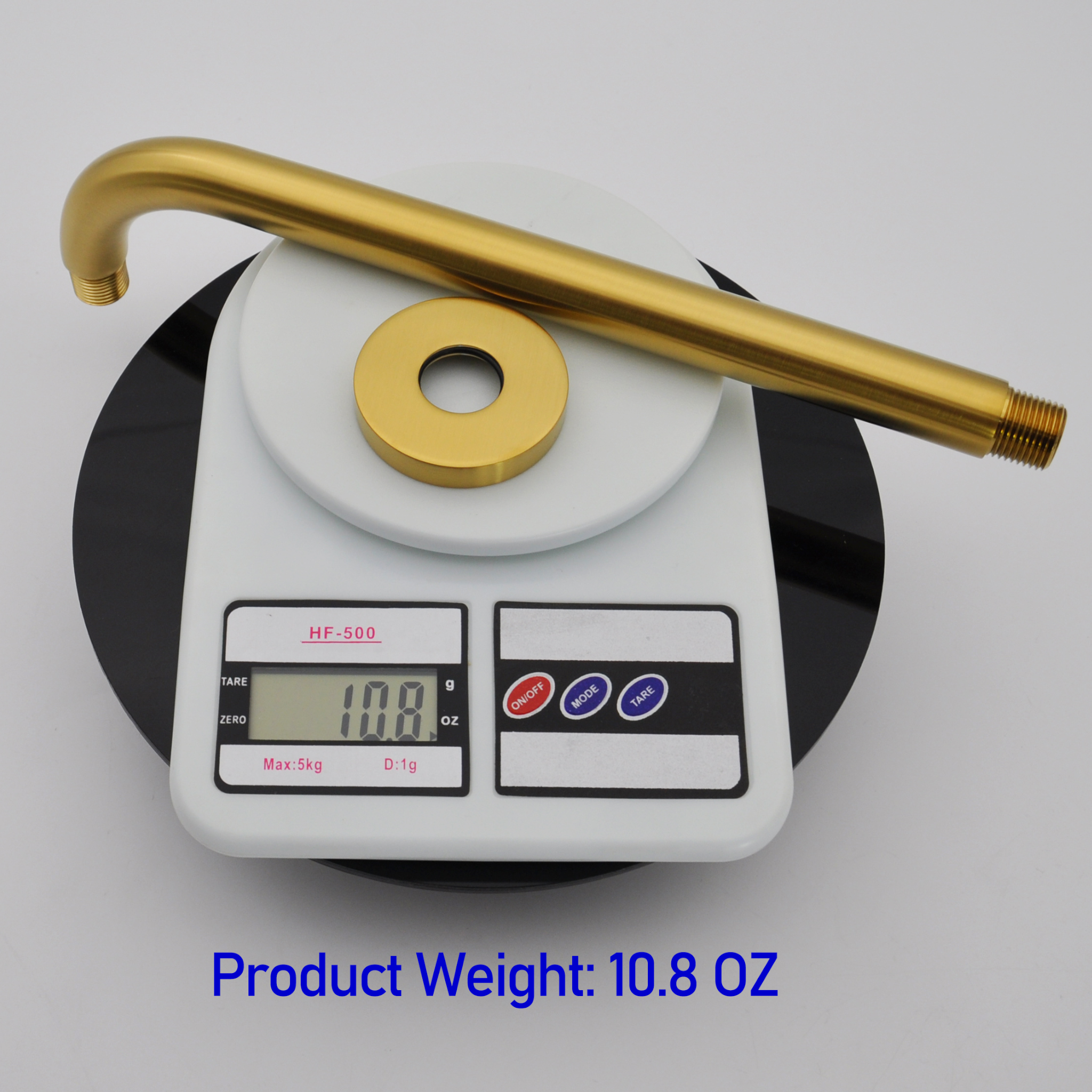 Aquaiaw Shower Arm and O-Ring Flange, 12 inch, Solid Brass, Round, Both Soldered 1/2 NPT Tapered Threads, Wall Mount, Brushed Gold