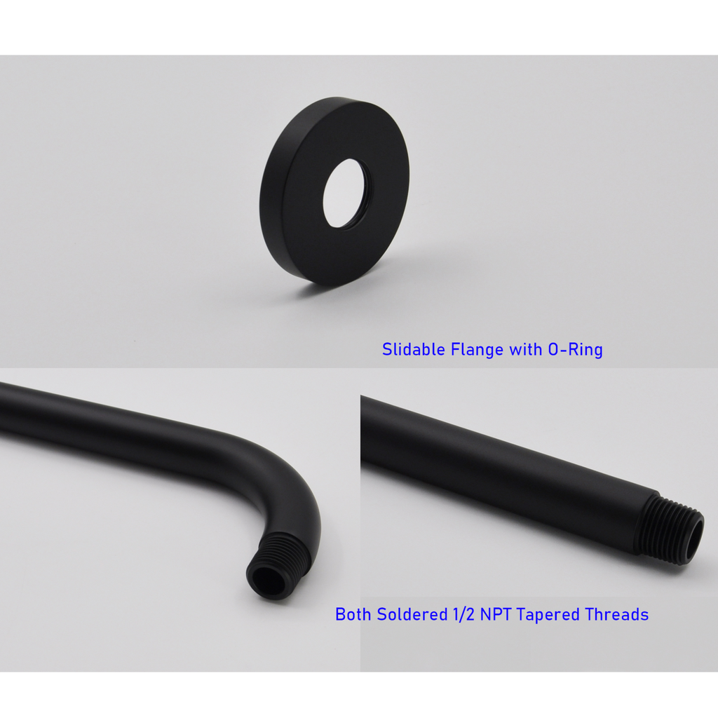Aquaiaw Shower Arm and O-Ring Flange, 12 inch, Solid Brass, Round, Both Soldered 1/2 NPT Tapered Threads, Wall Mount, Matte Black