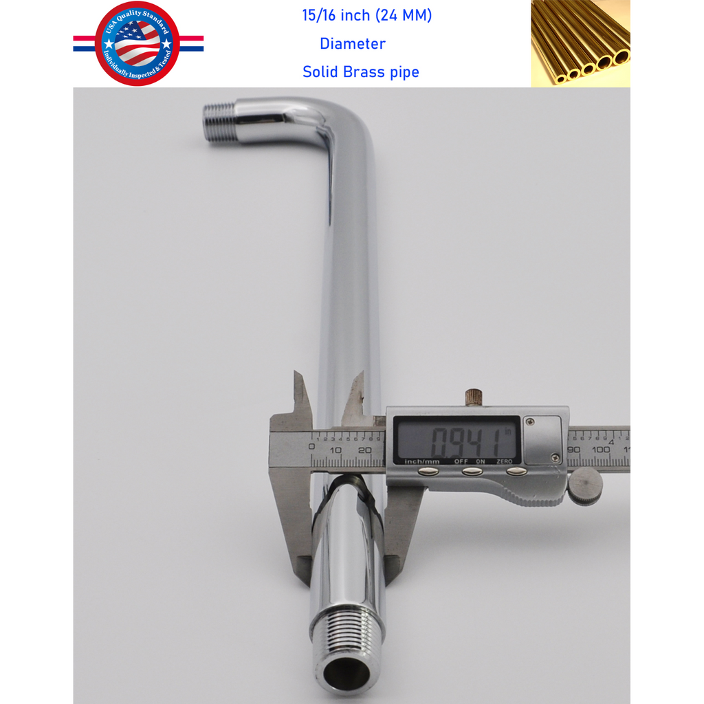 Aquaiaw Shower Arm and O-Ring Flange, 12 inch, Solid Brass, Round, Both Soldered 1/2 NPT Tapered Threads, Wall Mount, Polished Chrome