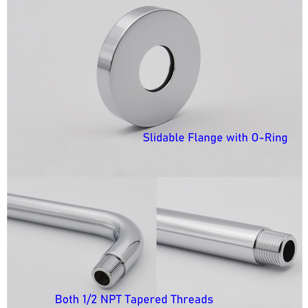 Aquaiaw Shower Arm and O-Ring Flange, 12 inch, Solid Brass, Round, Both Soldered 1/2 NPT Tapered Threads, Wall Mount, Polished Chrome