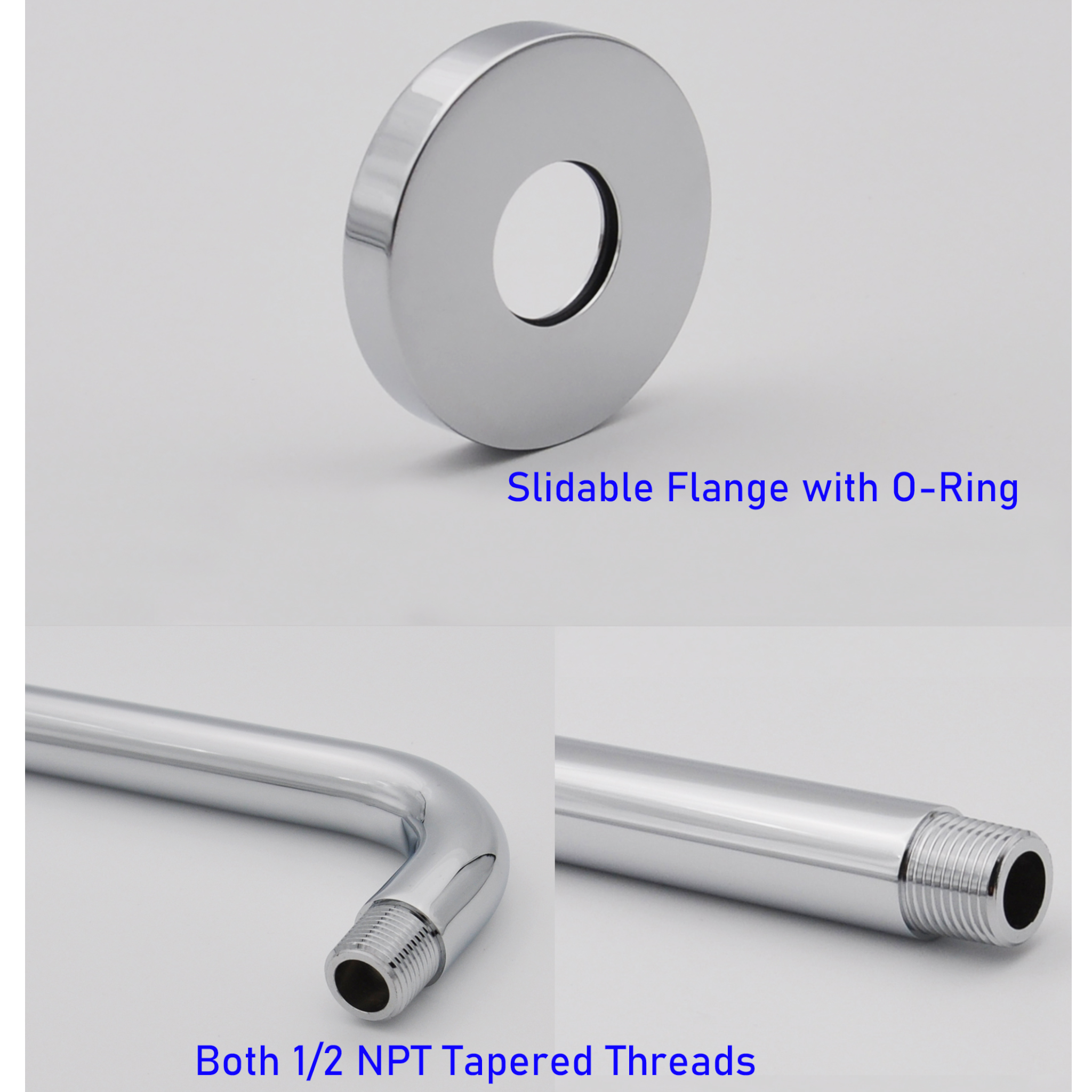 Aquaiaw Shower Arm and O-Ring Flange, 12 inch, Solid Brass, Round, Both Soldered 1/2 NPT Tapered Threads, Wall Mount, Polished Chrome