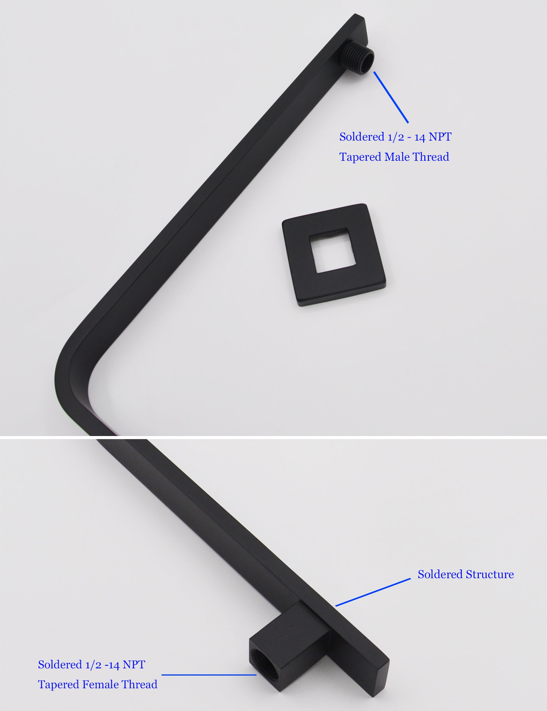 Aquaiaw High Rise Shower Arm and Flange, 10.5 inch, Solid Brass, Square, Both 1/2 NPT Tapered Threads, Gooseneck Wall Mount, Matte Black