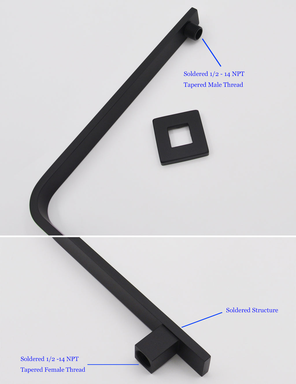 Aquaiaw High Rise Shower Arm and Flange, 16 inch, Solid Brass, Square, Both 1/2 NPT Tapered Threads, Gooseneck Wall Mount, Matte Black