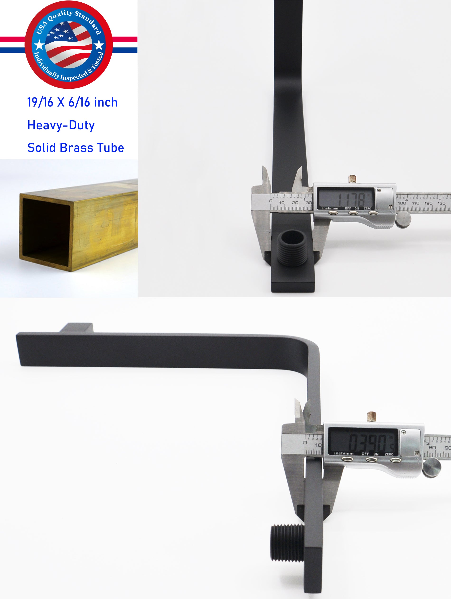 Aquaiaw High Rise Shower Arm and Flange, 16 inch, Solid Brass, Square, Both 1/2 NPT Tapered Threads, Gooseneck Wall Mount, Matte Black