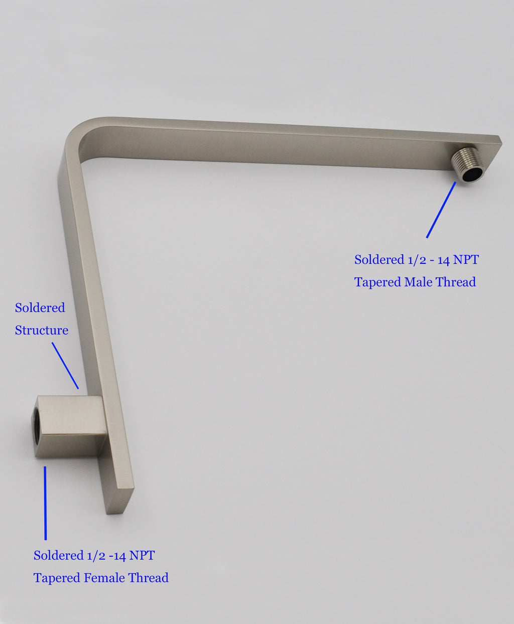 Aquaiaw High Rise Shower Arm and Flange, 16 inch, Solid Brass, Square, Both 1/2 NPT Tapered Threads, Gooseneck Wall Mount, PVD Brushed Nickel