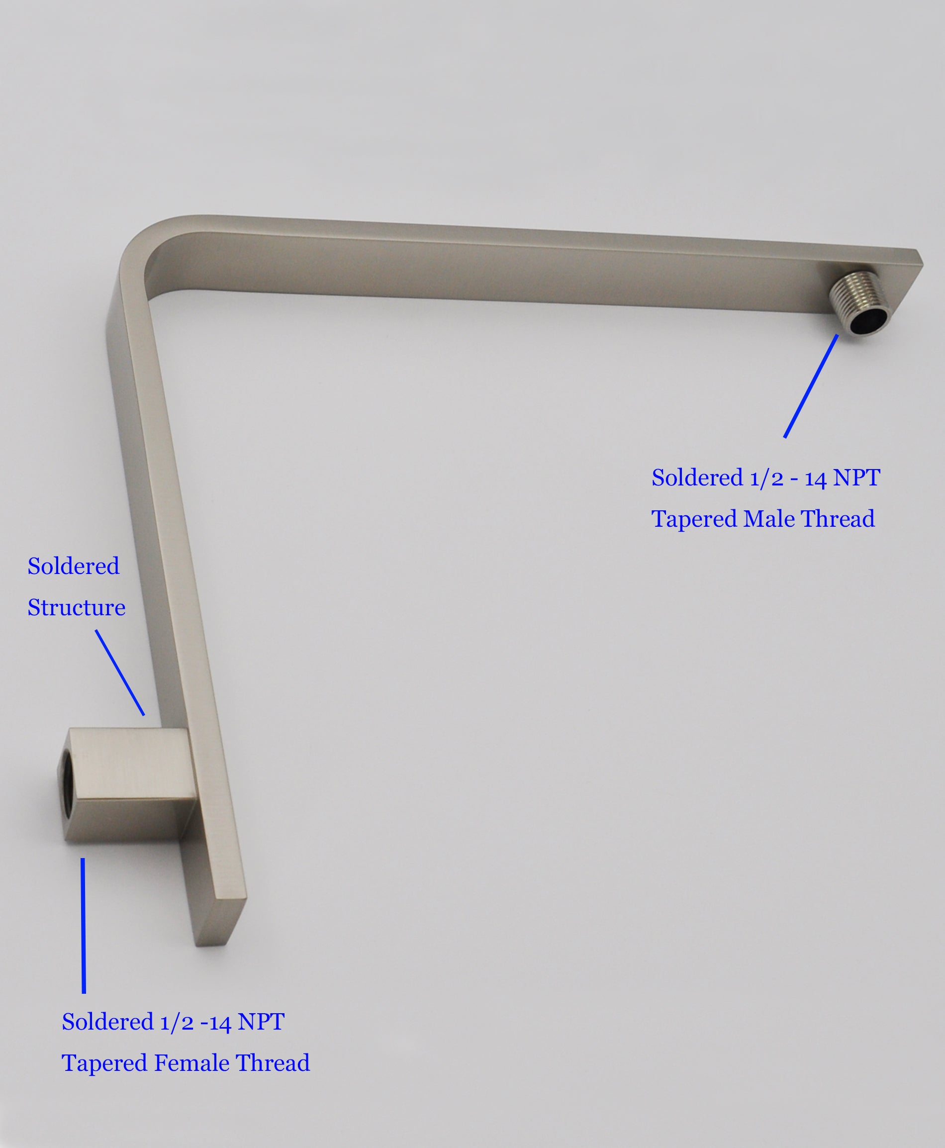 Aquaiaw High Rise Shower Arm and Flange, 16 inch, Solid Brass, Square, Both 1/2 NPT Tapered Threads, Gooseneck Wall Mount, PVD Brushed Nickel