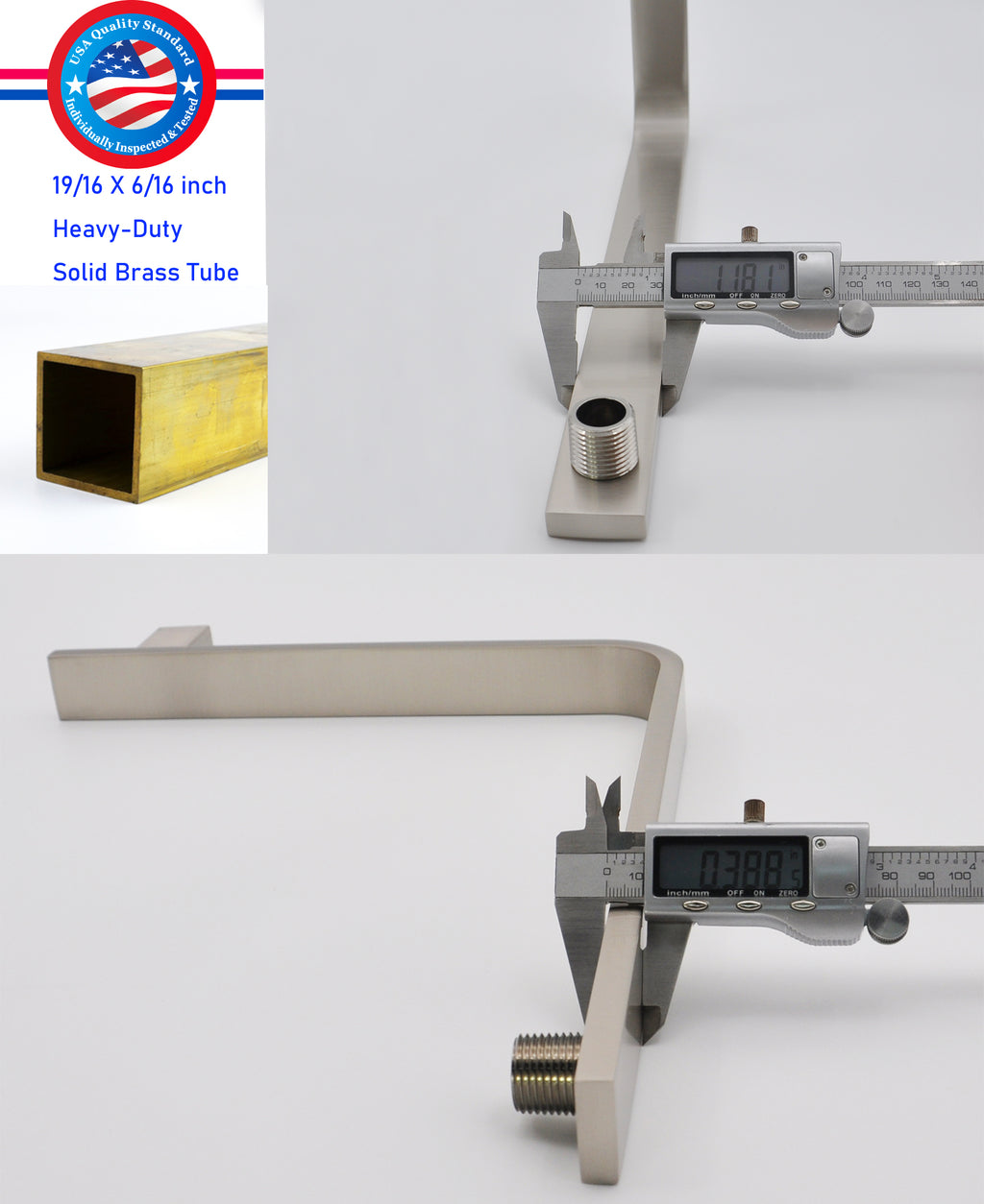 Aquaiaw High Rise Shower Arm and Flange, 16 inch, Solid Brass, Square, Both 1/2 NPT Tapered Threads, Gooseneck Wall Mount, PVD Brushed Nickel