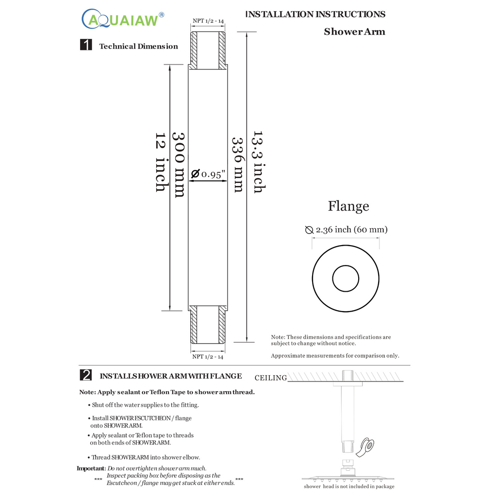 Aquaiaw Shower Arm and O-Ring Flange, 12 inch, Solid Brass, Round, Both Soldered 1/3 NPT Tapered Threads, Ceiling Mount, Brushed Gold