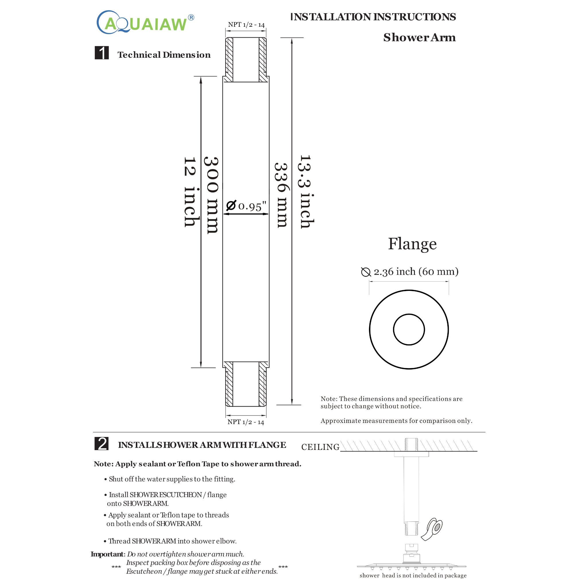 Aquaiaw Shower Arm and O-Ring Flange, 12 inch, Solid Brass, Round, Both Soldered 1/3 NPT Tapered Threads, Ceiling Mount, Brushed Gold