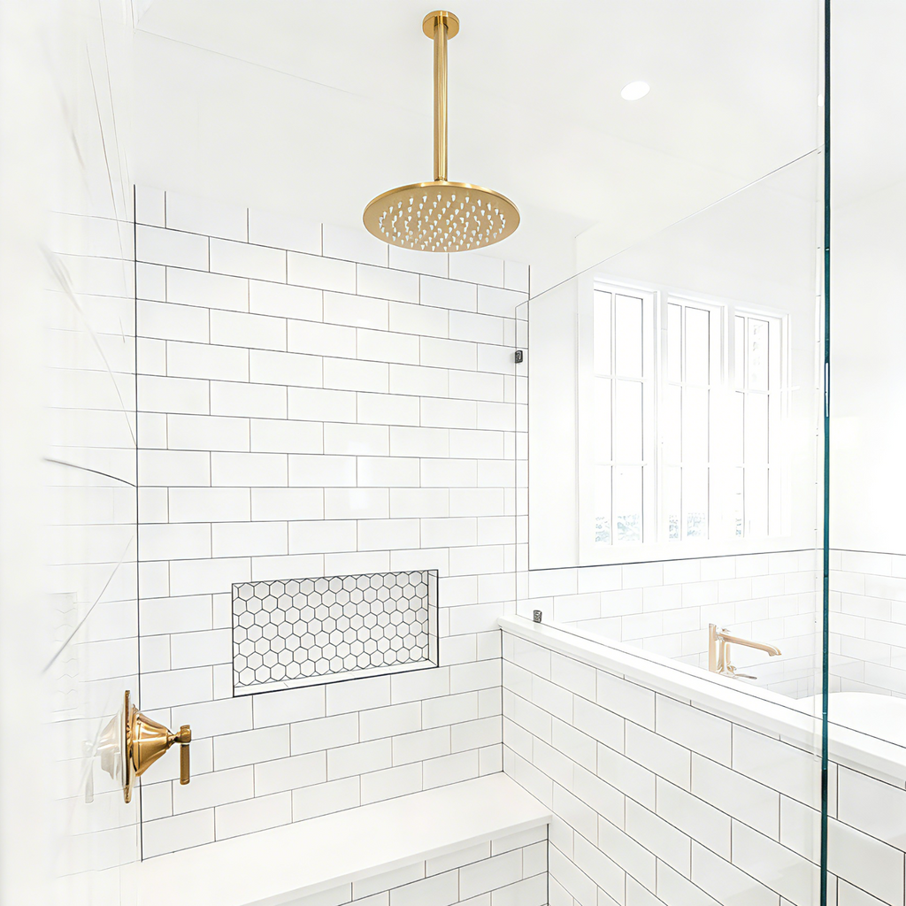 Aquaiaw Shower Arm and O-Ring Flange, 12 inch, Solid Brass, Round, Both Soldered 1/3 NPT Tapered Threads, Ceiling Mount, Brushed Gold