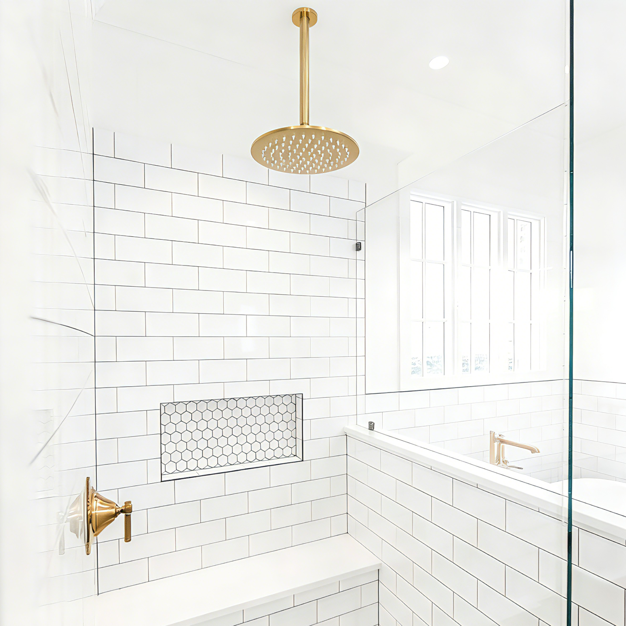 Aquaiaw Shower Arm and O-Ring Flange, 12 inch, Solid Brass, Round, Both Soldered 1/3 NPT Tapered Threads, Ceiling Mount, Brushed Gold