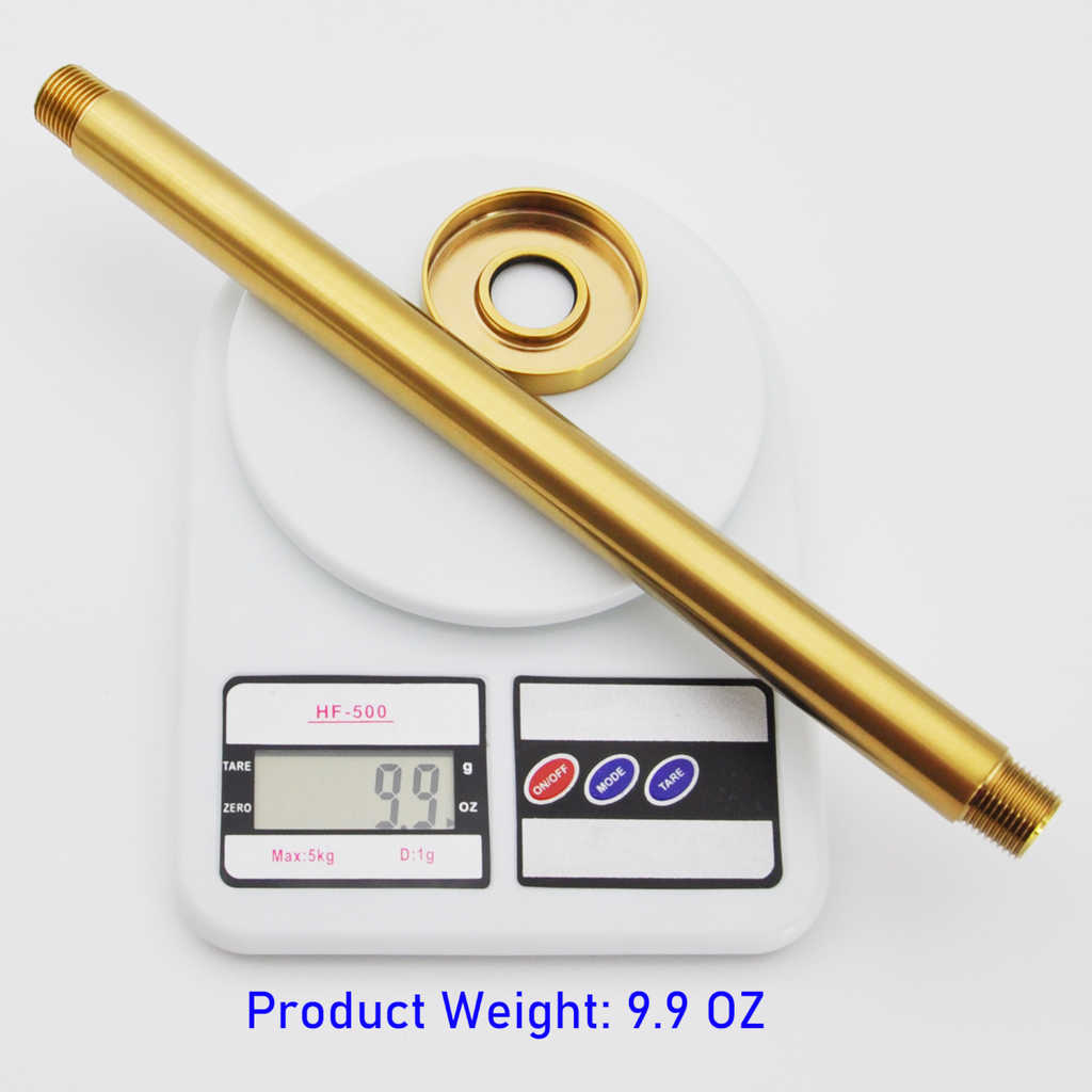 Aquaiaw Shower Arm and O-Ring Flange, 12 inch, Solid Brass, Round, Both Soldered 1/3 NPT Tapered Threads, Ceiling Mount, Brushed Gold