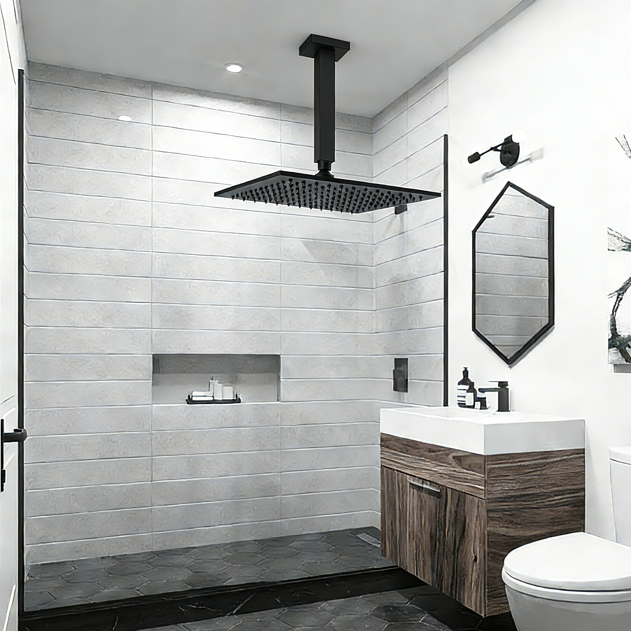 Aquaiaw Square Shower Arm and Anti-Scratch O-Ring Flange, 12 inch, Solid Brass, Both Soldered 1/2 NPT Tapered Threads, Ceiling Mount, Matte Black