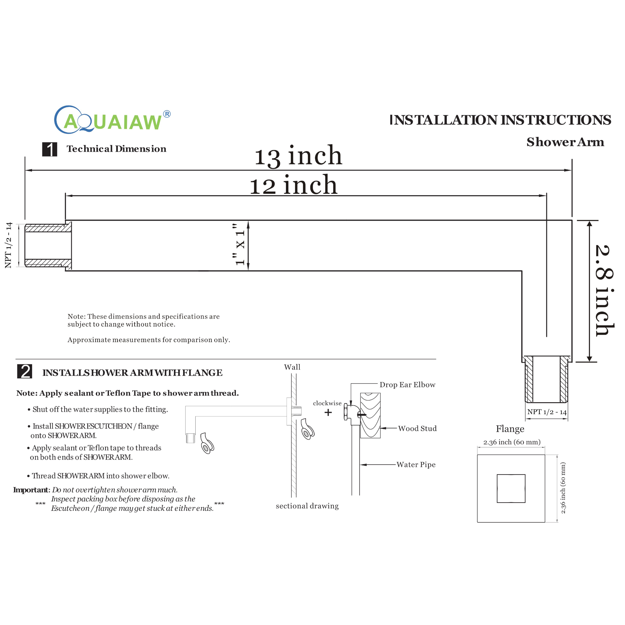 Aquaiaw Square Shower Arm and Anti-Scratch O-Ring Flange, 12 inch, Solid Brass, Soldered 90 Degree Drop, Both Soldered 1/2 NPT Tapered Threads, Wall Mount, Matte Black