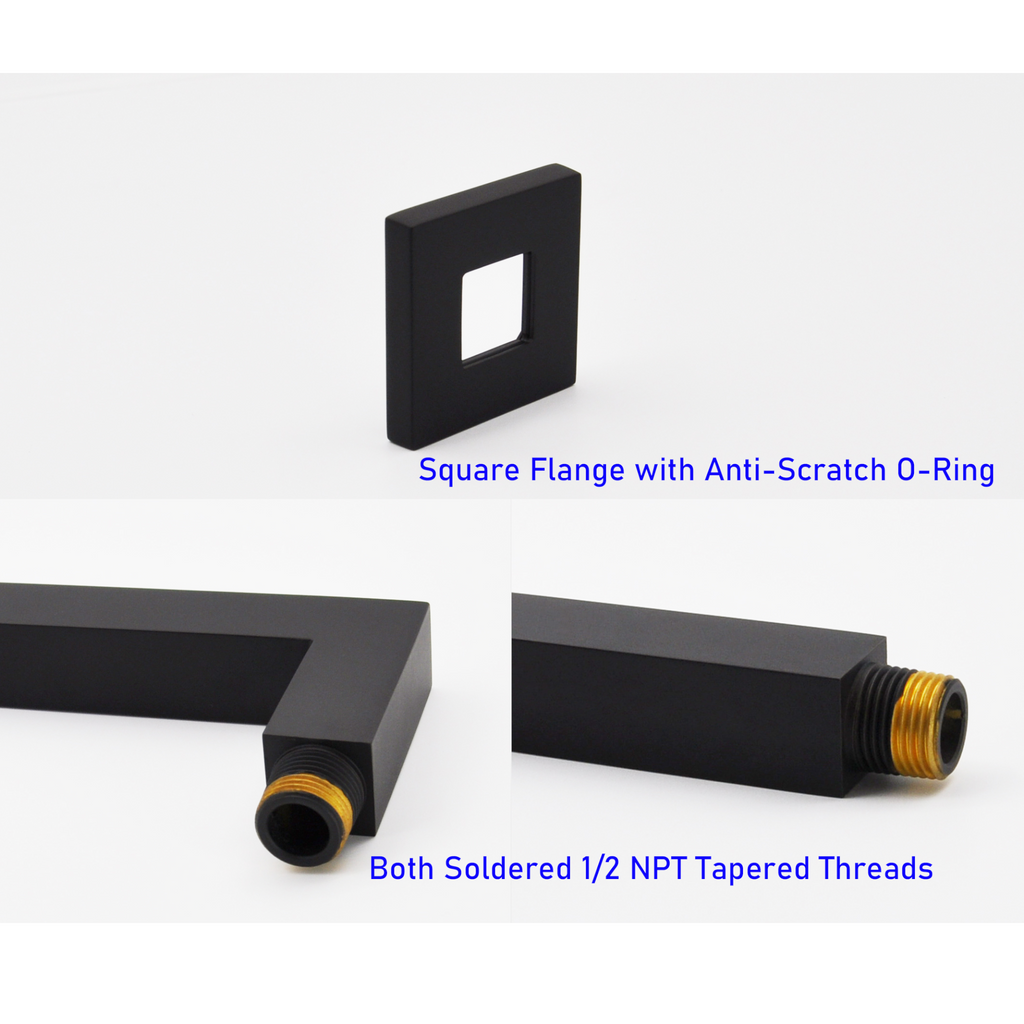 Aquaiaw Square Shower Arm and Anti-Scratch O-Ring Flange, 12 inch, Solid Brass, Soldered 90 Degree Drop, Both Soldered 1/2 NPT Tapered Threads, Wall Mount, Matte Black