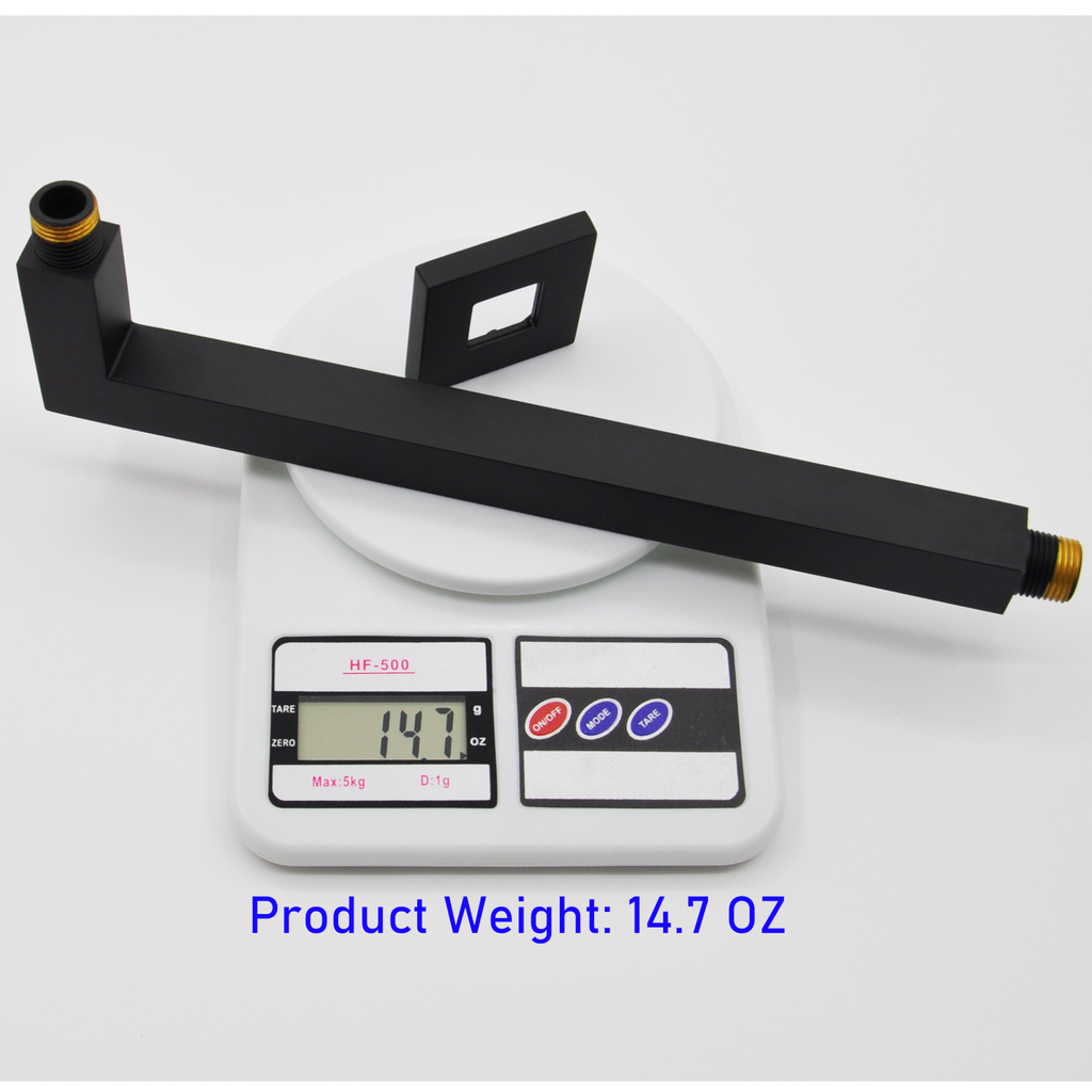 Aquaiaw Square Shower Arm and Anti-Scratch O-Ring Flange, 12 inch, Solid Brass, Soldered 90 Degree Drop, Both Soldered 1/2 NPT Tapered Threads, Wall Mount, Matte Black