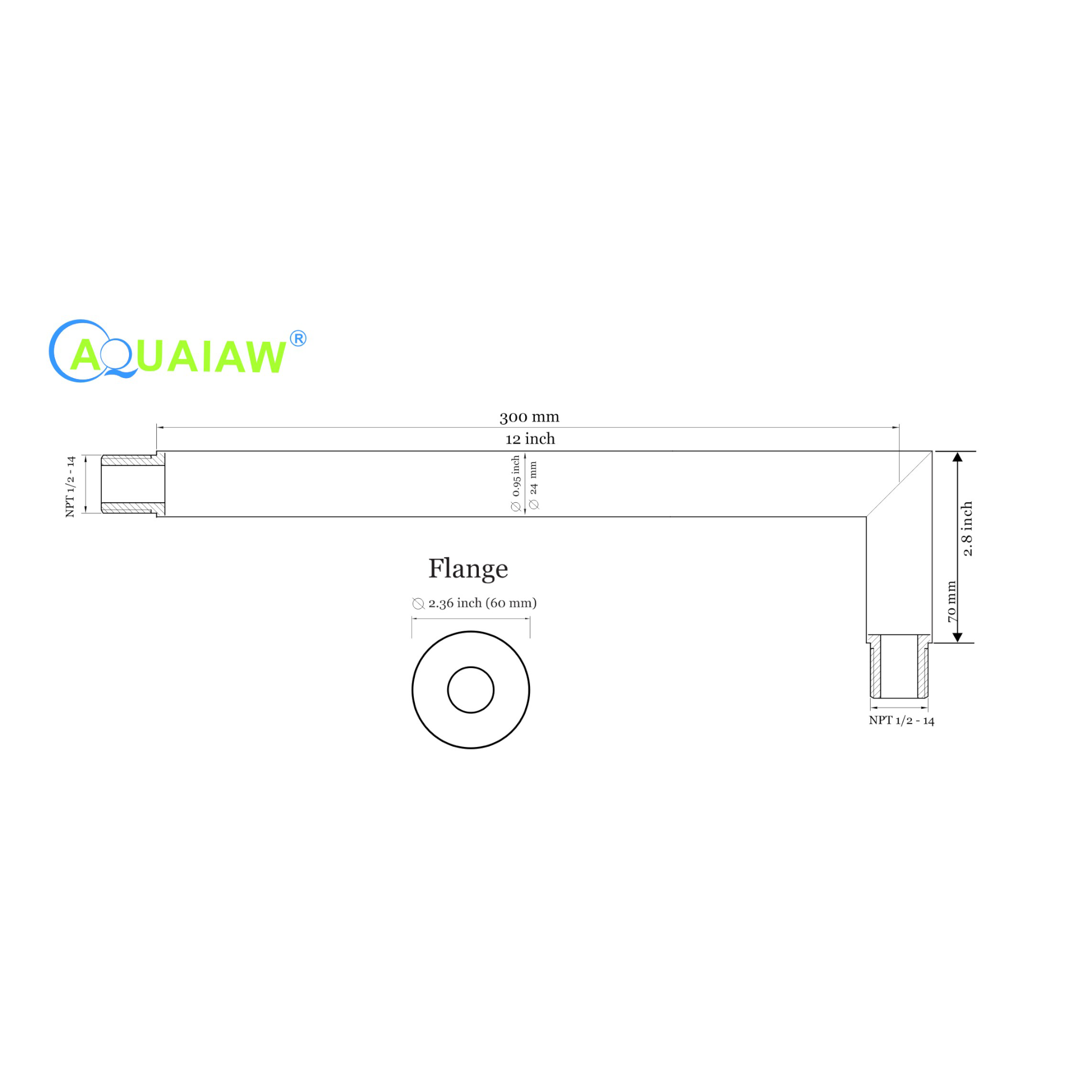 Aquaiaw Shower Arm and O-Ring Flange, 12 inch, Solid Brass, Round, Both Soldered 1/2 NPT Tapered Threads, Wall Mount, Soldered 90 Degree Drop, Matte Black