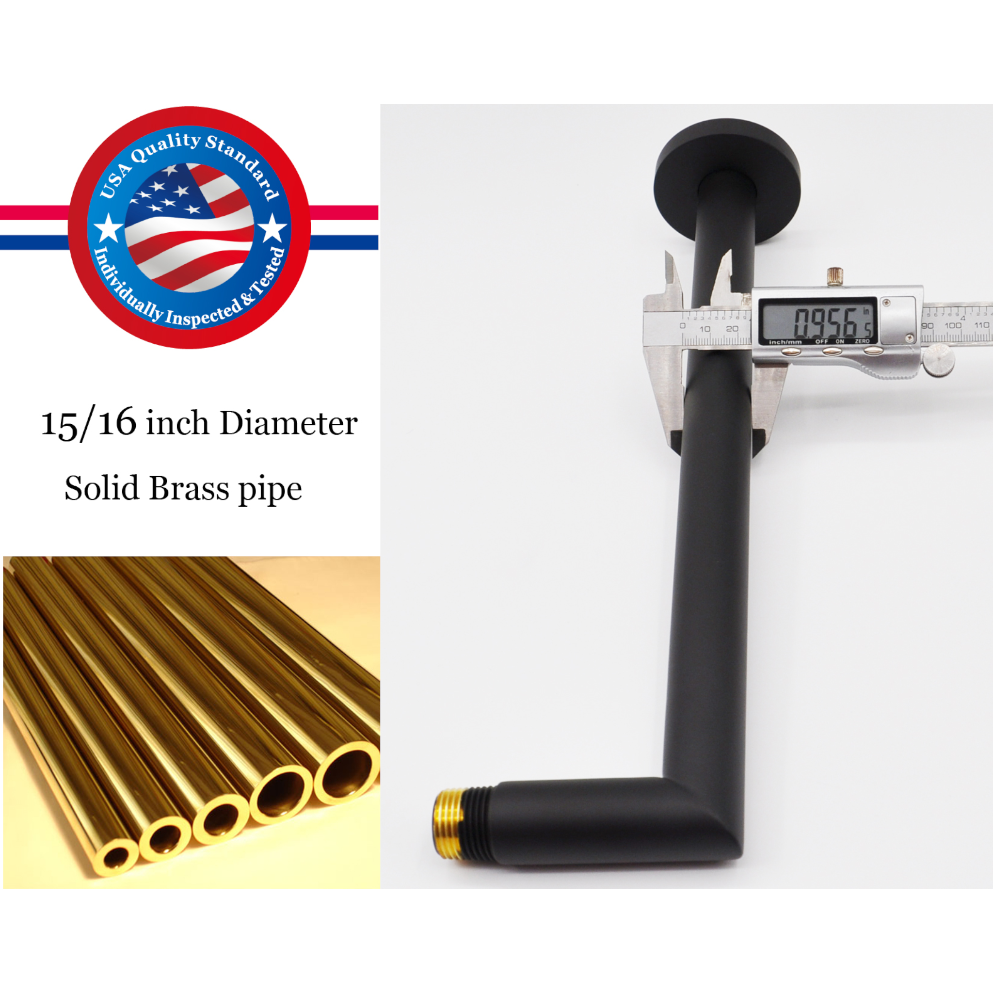 Aquaiaw Shower Arm and O-Ring Flange, 12 inch, Solid Brass, Round, Both Soldered 1/2 NPT Tapered Threads, Wall Mount, Soldered 90 Degree Drop, Matte Black