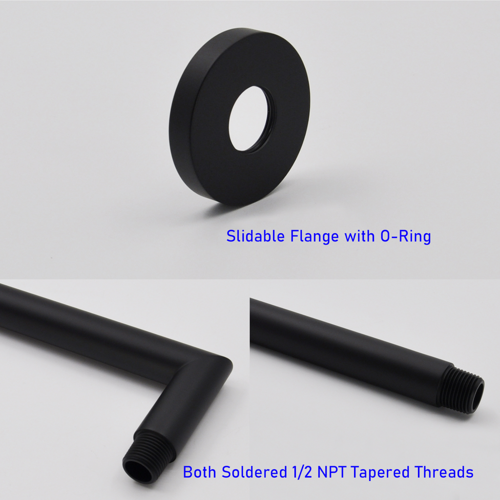 Aquaiaw Shower Arm and O-Ring Flange, 12 inch, Solid Brass, Round, Both Soldered 1/2 NPT Tapered Threads, Wall Mount, Soldered 90 Degree Drop, Matte Black