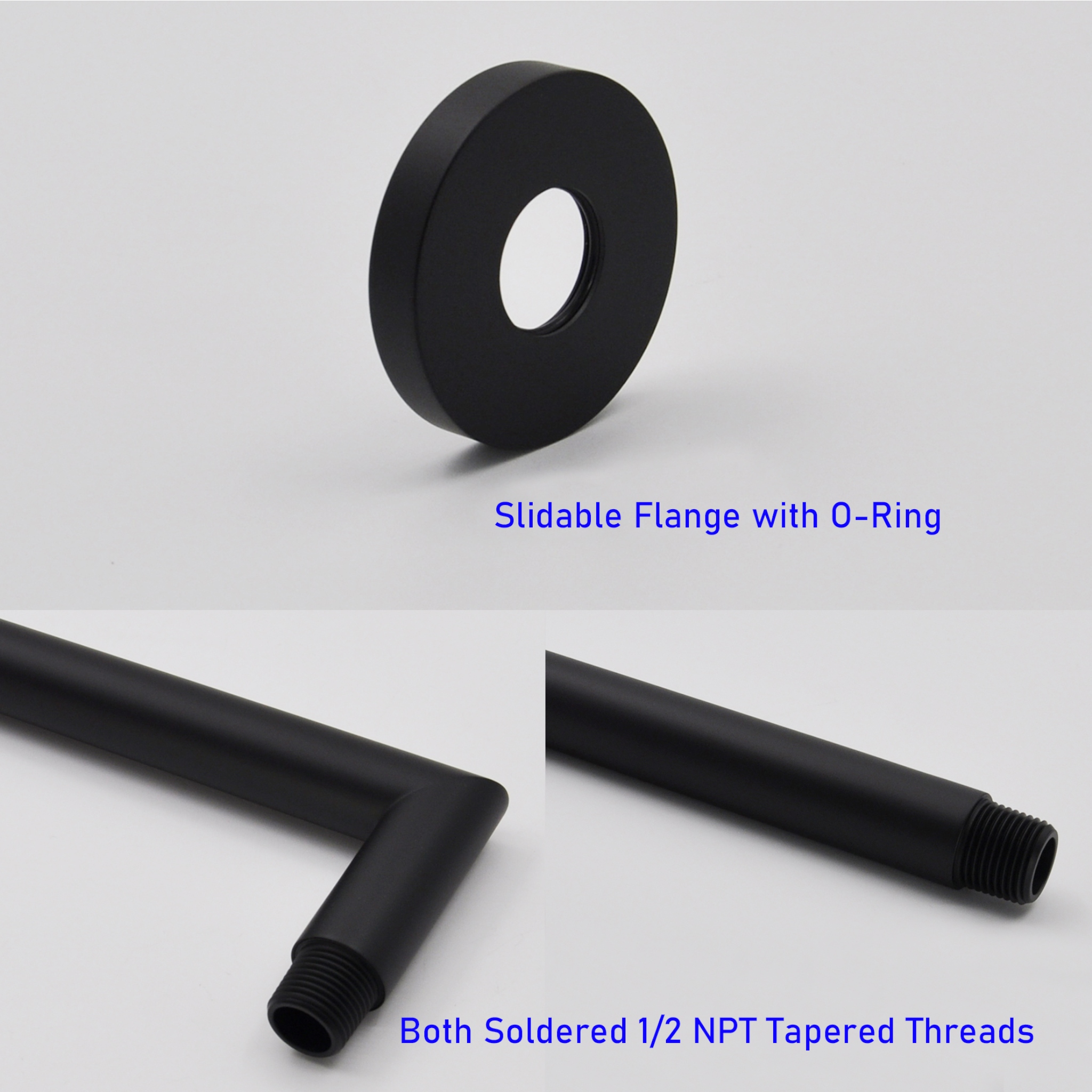 Aquaiaw Shower Arm and O-Ring Flange, 12 inch, Solid Brass, Round, Both Soldered 1/2 NPT Tapered Threads, Wall Mount, Soldered 90 Degree Drop, Matte Black