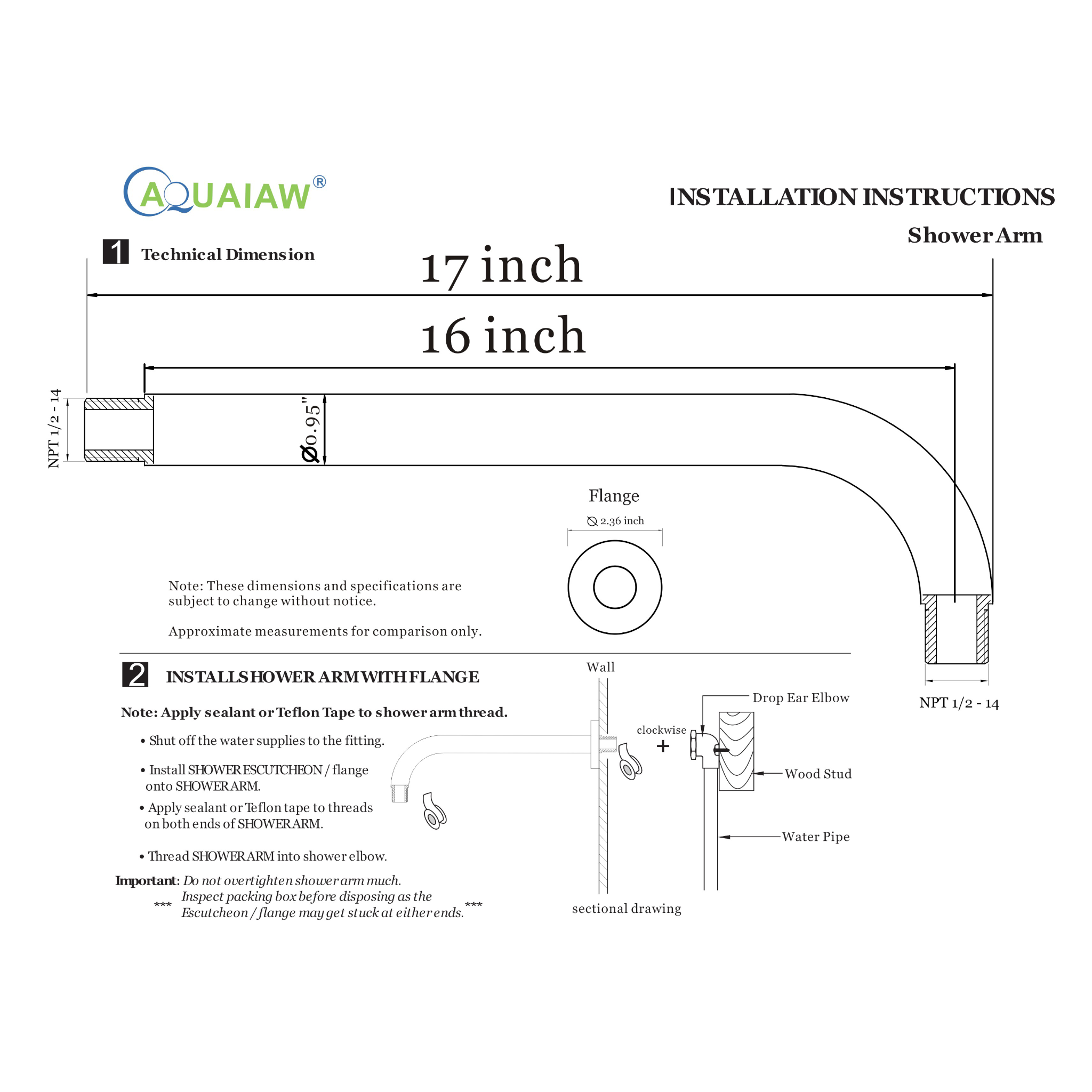 Aquaiaw Shower Arm and O-Ring Flange, 16 inch, Solid Brass, Round, Both Soldered 1/2 NPT Tapered Threads, Wall Mount, Brushed Gold