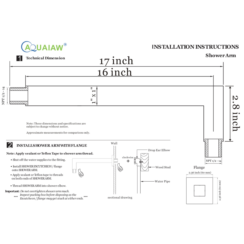 Aquaiaw Square Shower Arm and Anti-Scratch O-Ring Flange, 16 inch, Solid Brass, Soldered 90 Degree Drop, Both Soldered 1/2 NPT Tapered Threads, Wall Mount, Matte Black