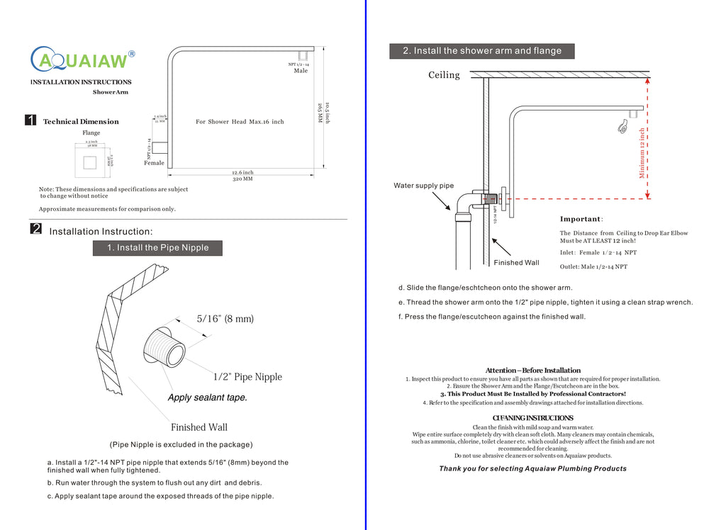 Aquaiaw High Rise Shower Arm and Flange, 10.5 inch, Solid Brass, Square, Both 1/2 NPT Tapered Threads, Gooseneck Wall Mount, PVD Brushed Nickel