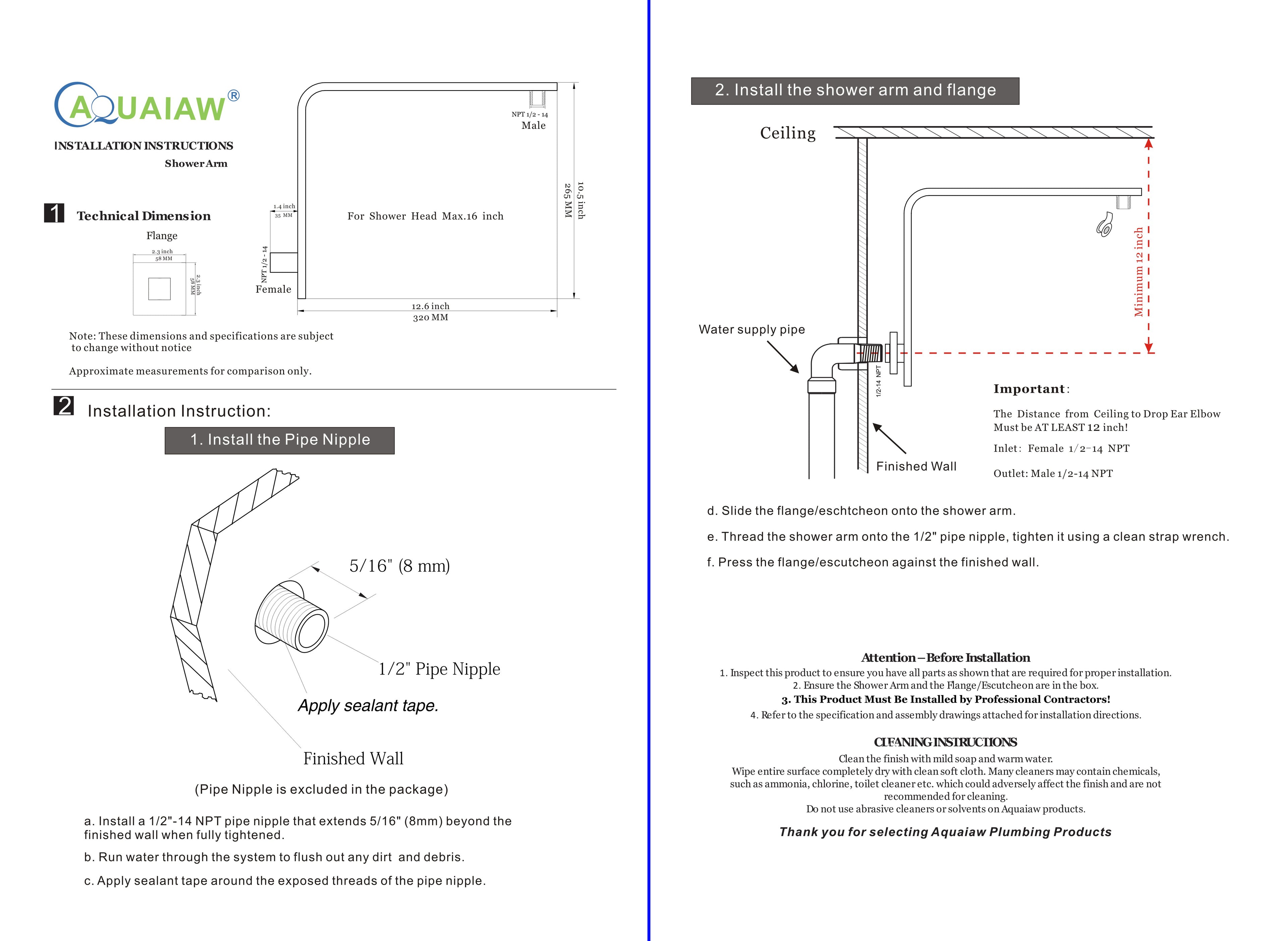 Aquaiaw High Rise Shower Arm and Flange, 10.5 inch, Solid Brass, Square, Both 1/2 NPT Tapered Threads, Gooseneck Wall Mount, Matte Black