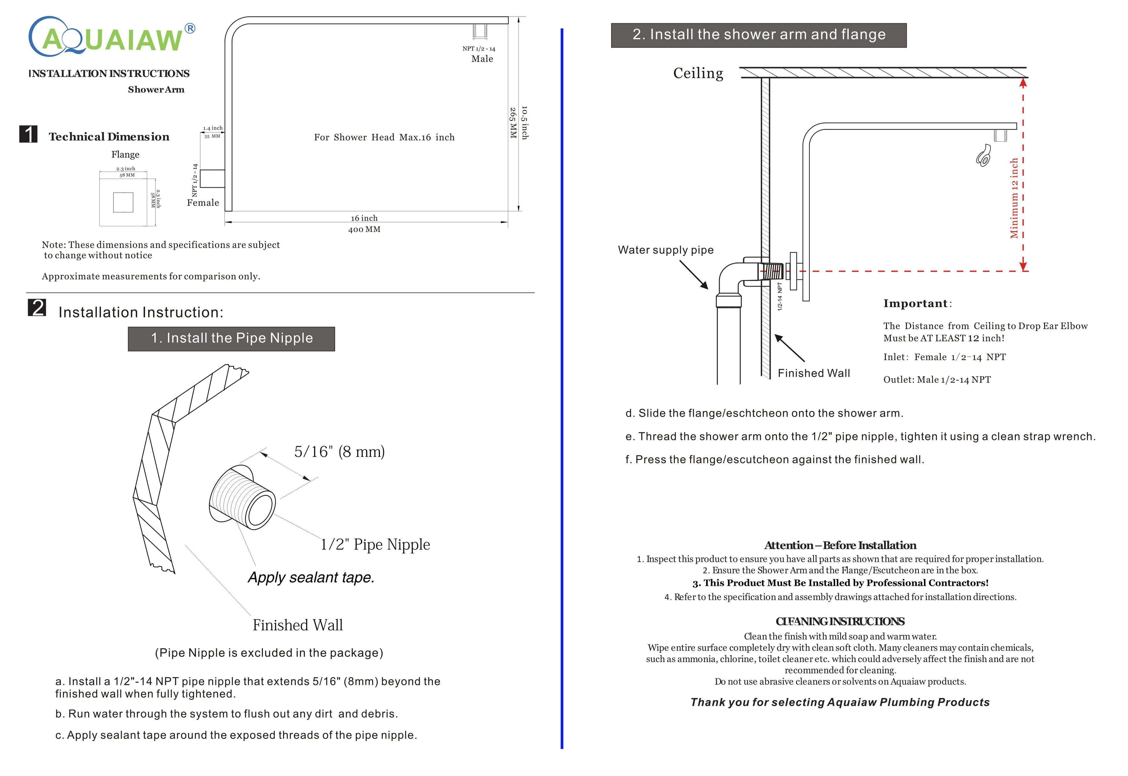 Aquaiaw High Rise Shower Arm and Flange, 16 inch, Solid Brass, Square, Both 1/2 NPT Tapered Threads, Gooseneck Wall Mount, Polished Chrome