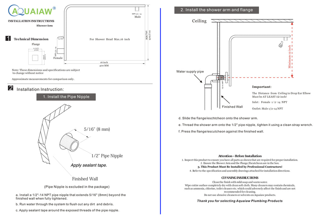 Aquaiaw High Rise Shower Arm and Flange, 16 inch, Solid Brass, Square, Both 1/2 NPT Tapered Threads, Gooseneck Wall Mount, Matte Black