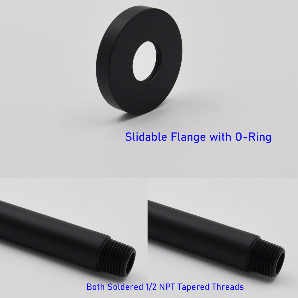 Aquaiaw Shower Arm and O-Ring Flange, 3 inch, Solid Brass, Round, Both Soldered 1/2 NPT Tapered Threads, Ceiling Mount, Matte Black