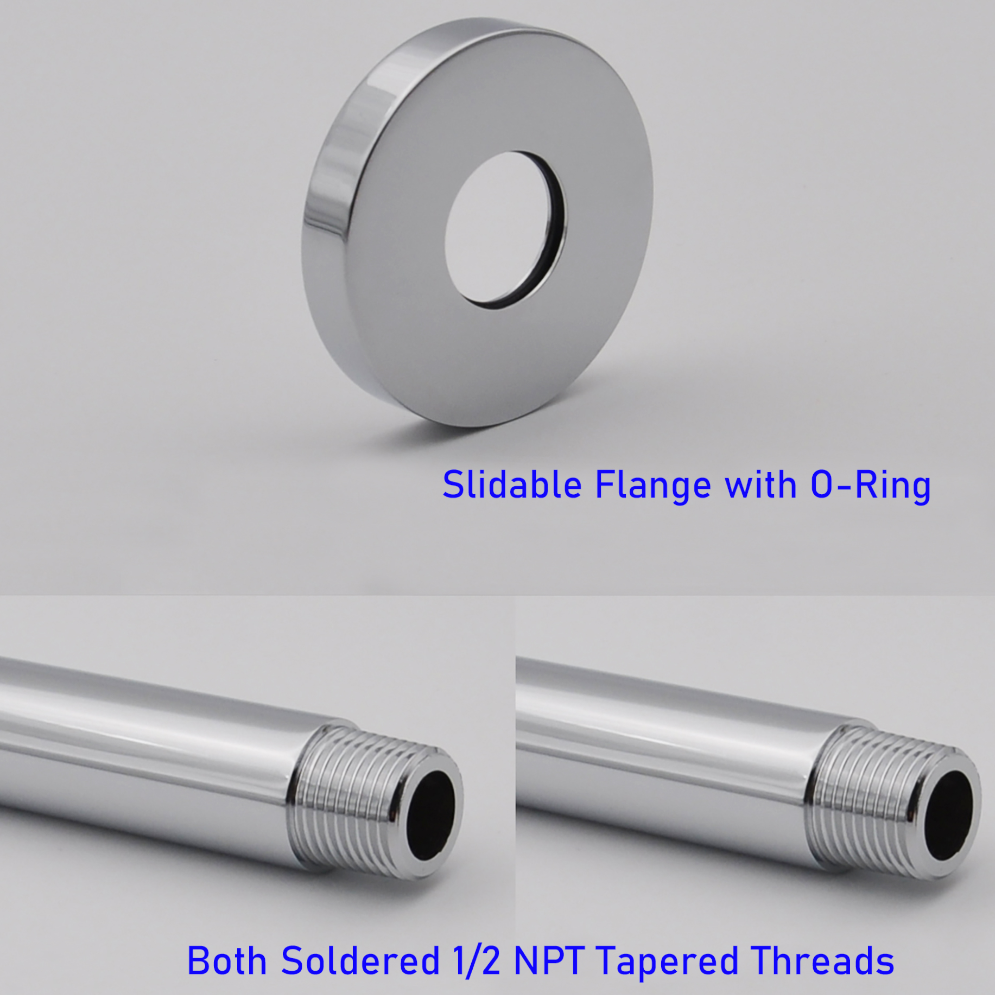 Aquaiaw Shower Arm and O-Ring Flange, 3 inch, Solid Brass, Round, Both Soldered 1/2 NPT Tapered Threads, Ceiling Mount, Polished Chrome