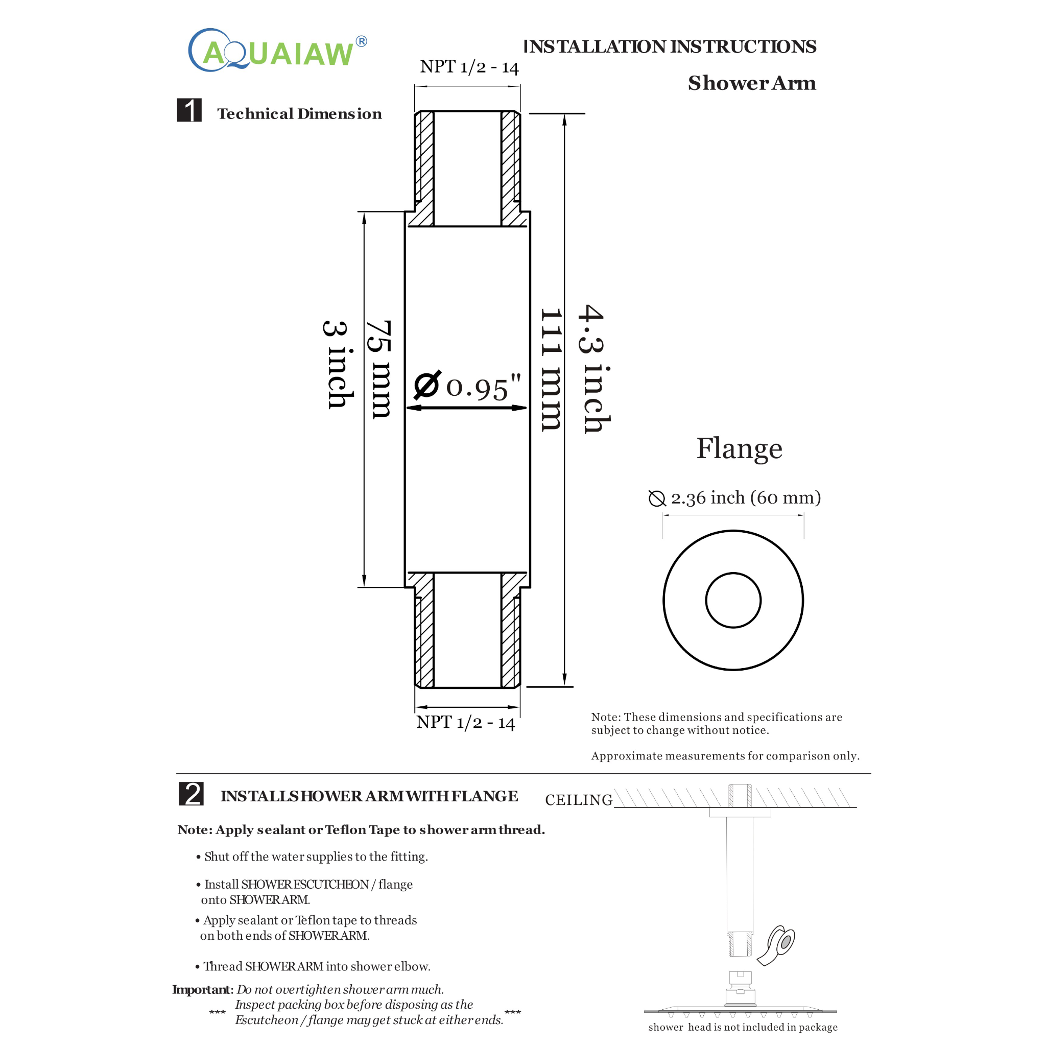 Aquaiaw Shower Arm and O-Ring Flange, 3 inch, Solid Brass, Round, Both Soldered 1/2 NPT Tapered Threads, Ceiling Mount, PVD Brushed Nickel