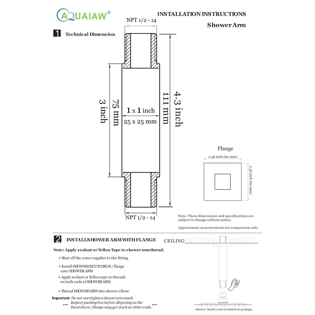 Aquaiaw Square Shower Arm and Anti-Scratch O-Ring Flange, 3 inch, Solid Brass, Both Soldered 1/2 NPT Tapered Threads, Ceiling Mount, Polished Chrome