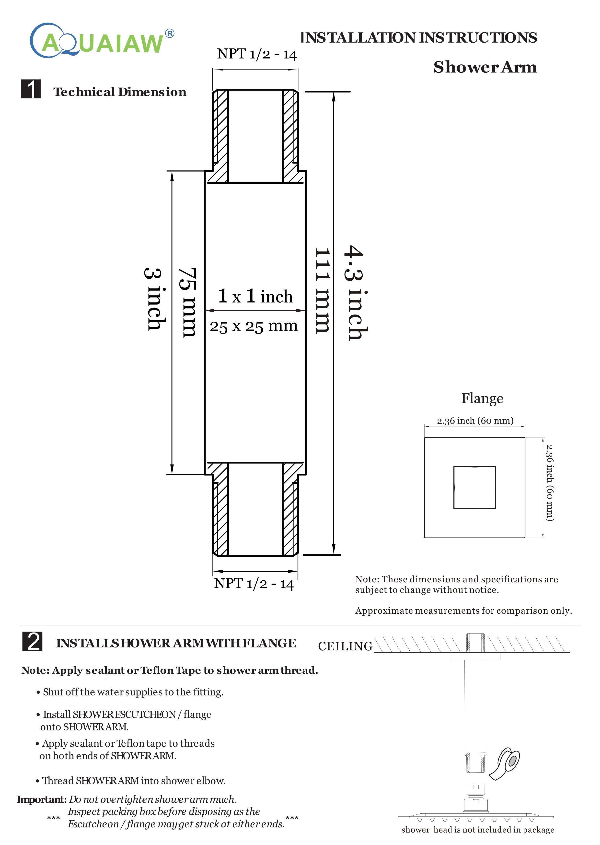 Aquaiaw Square Shower Arm and Anti-Scratch O-Ring Flange, 3 inch, Solid Brass, Both Soldered 1/2 NPT Tapered Threads, Ceiling Mount, PVD Brushed Nickel