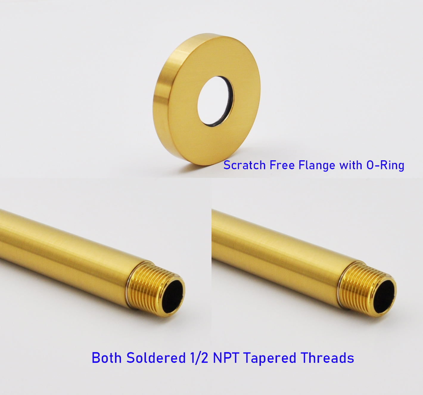Aquaiaw Shower Arm and O-Ring Flange, 8 inch, Solid Brass, Round, Both Soldered 1/2 NPT Tapered Threads, Ceiling Mount, Brushed Gold