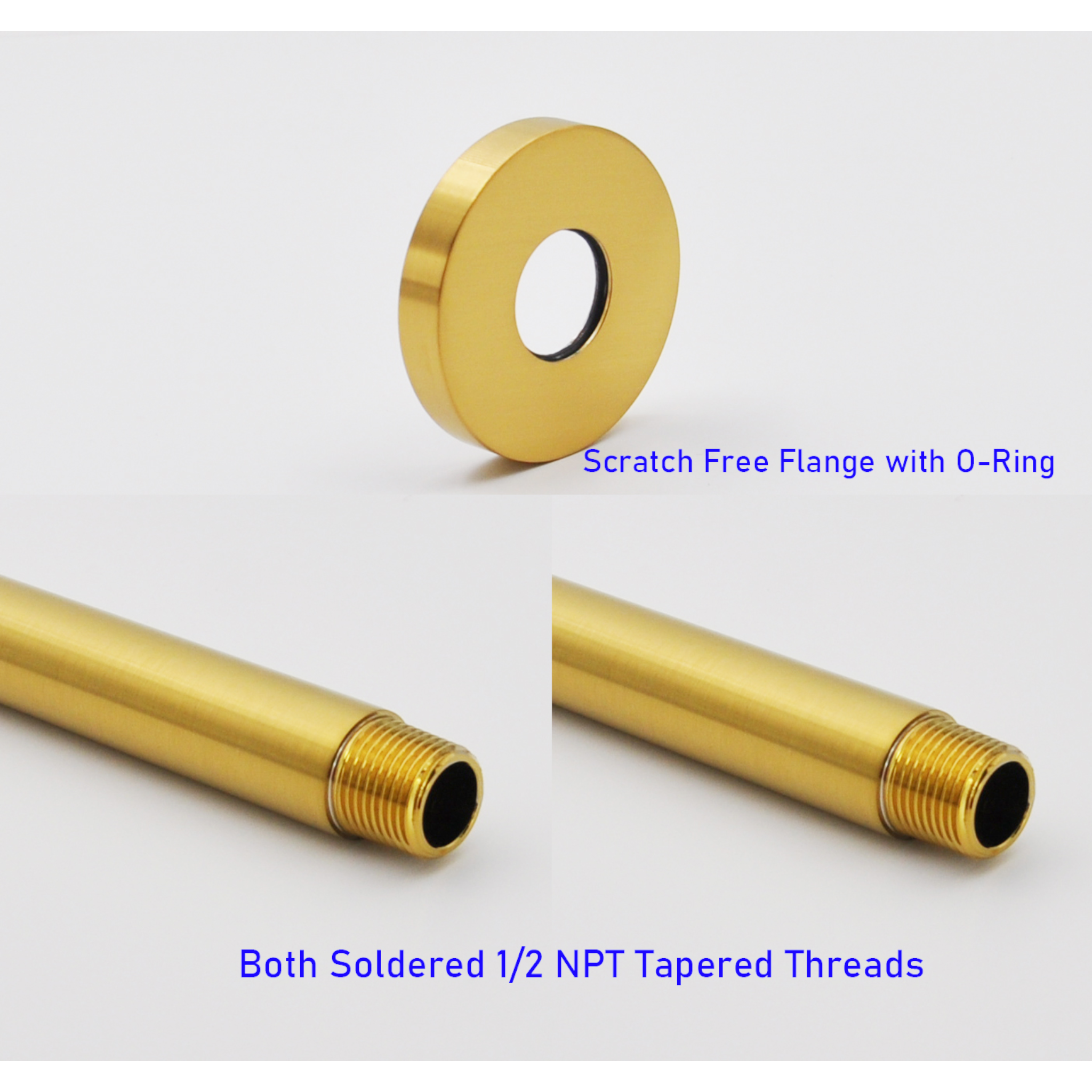 Aquaiaw Shower Arm and O-Ring Flange, 3 inch, Solid Brass, Round, Both Soldered 1/2 NPT Tapered Threads, Ceiling Mount, Brushed Gold