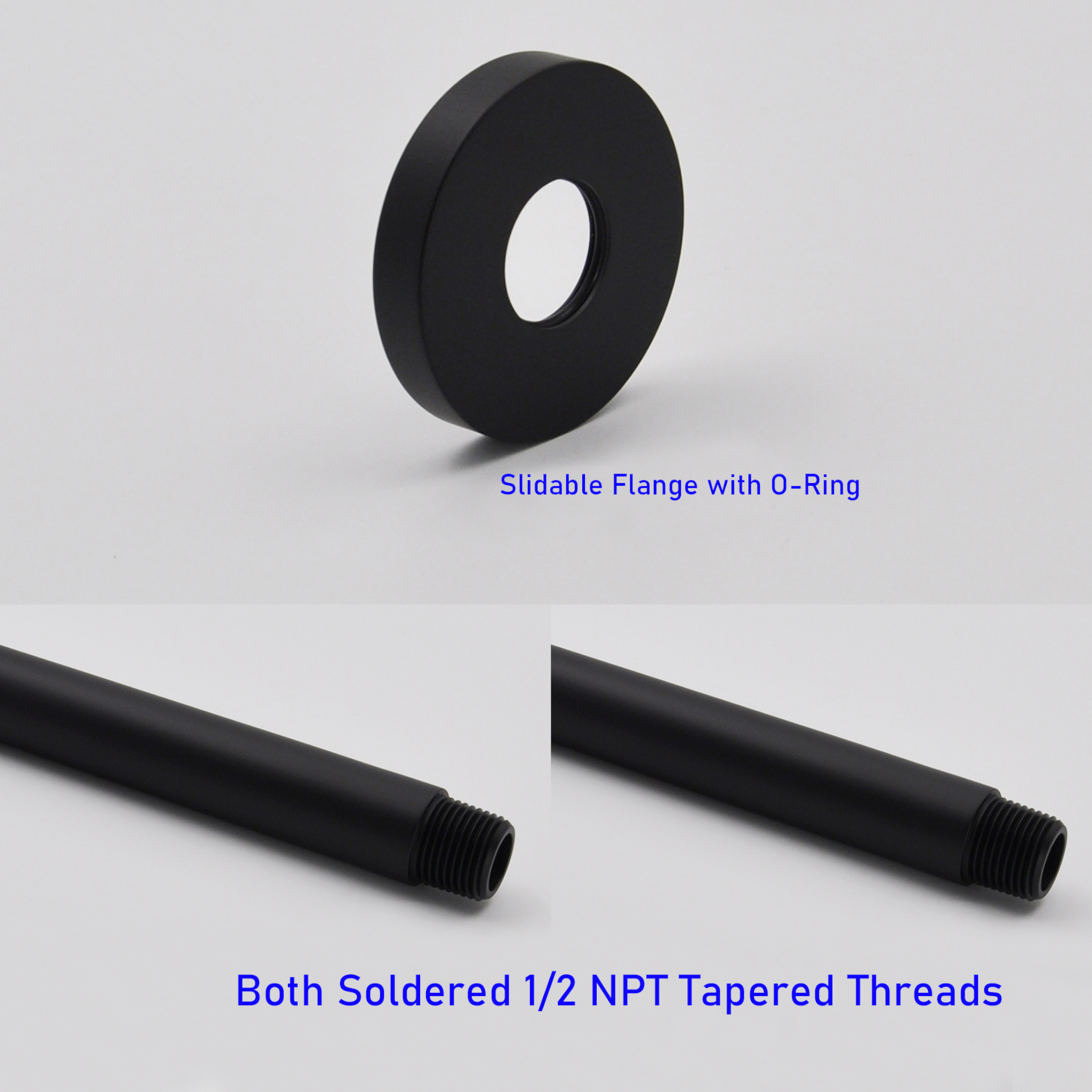 Aquaiaw Shower Arm and O-Ring Flange, 6 inch, Solid Brass, Round, Both Soldered 1/2 NPT Tapered Threads, Ceiling Mount, Matte Black