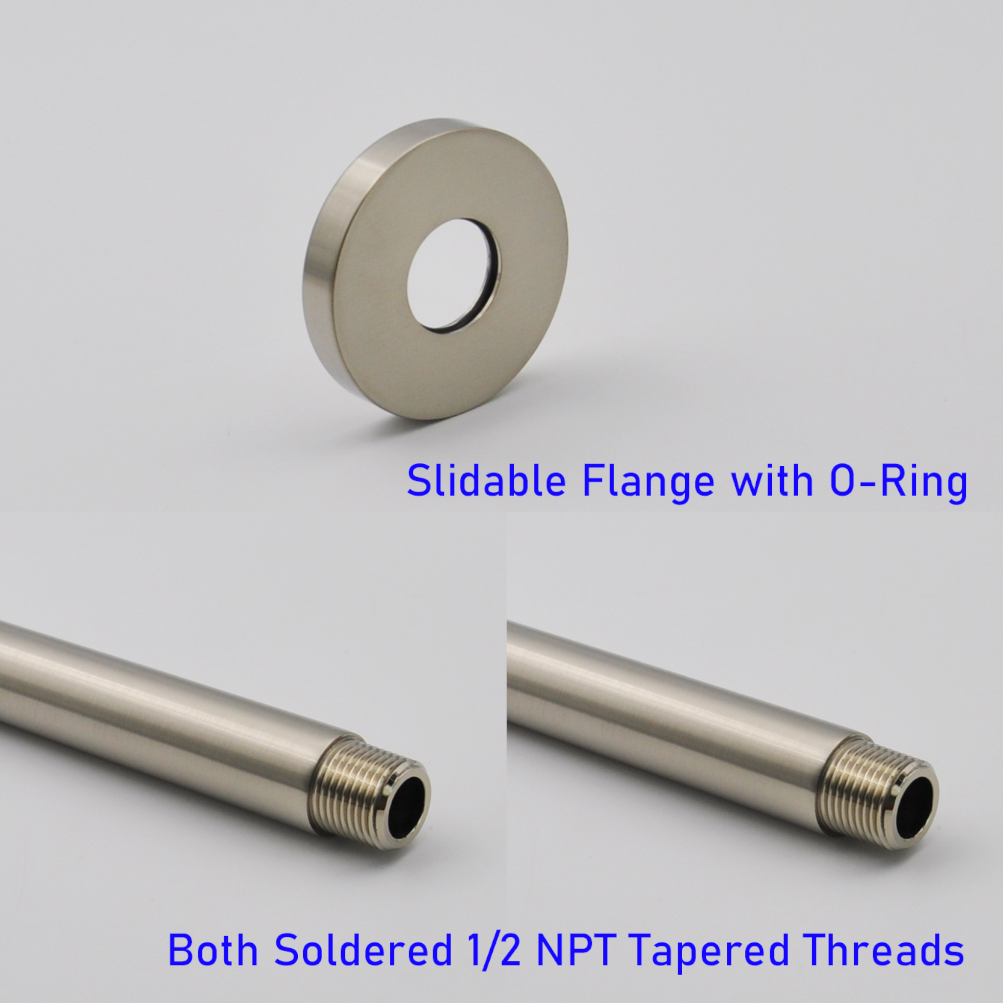 Aquaiaw Shower Arm and O-Ring Flange, 3 inch, Solid Brass, Round, Both Soldered 1/2 NPT Tapered Threads, Ceiling Mount, PVD Brushed Nickel