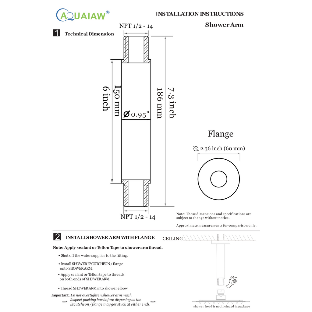 Aquaiaw Shower Arm and O-Ring Flange, 6 inch, Solid Brass, Round, Both Soldered 1/2 NPT Tapered Threads, Ceiling Mount, Matte Black