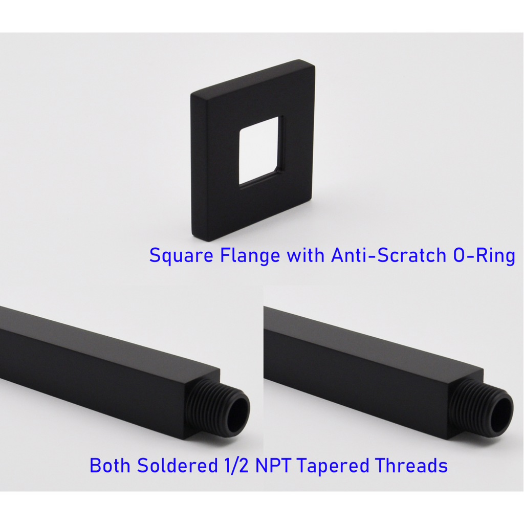 Aquaiaw Square Shower Arm and Anti-Scratch O-Ring Flange, 12 inch, Solid Brass, Both Soldered 1/2 NPT Tapered Threads, Ceiling Mount, Matte Black