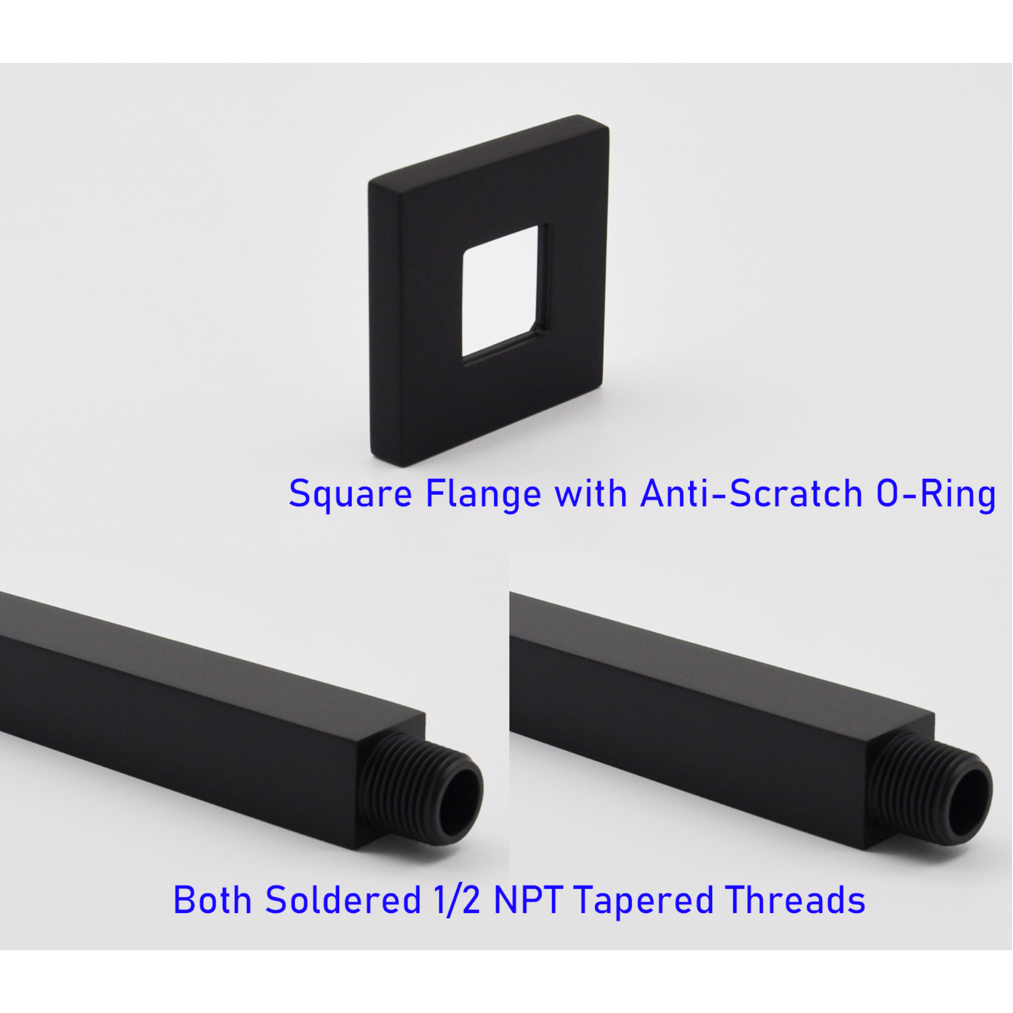 Aquaiaw Square Shower Arm and Anti-Scratch O-Ring Flange, 8 inch, Solid Brass, Both Soldered 1/2 NPT Tapered Threads, Ceiling Mount, Matte Black